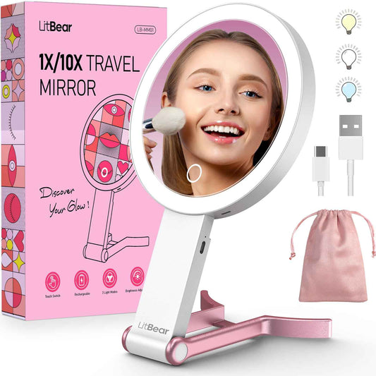 LitBear Travel Makeup Mirror with Lights, Rechargeable Double-Sided 10X/1X Magnifying Mirror, Portable Lighted Beauty Mirror, 3 Color Lighting, Dimmable Touch Screen, Tabletop Handhold Hanging (White)