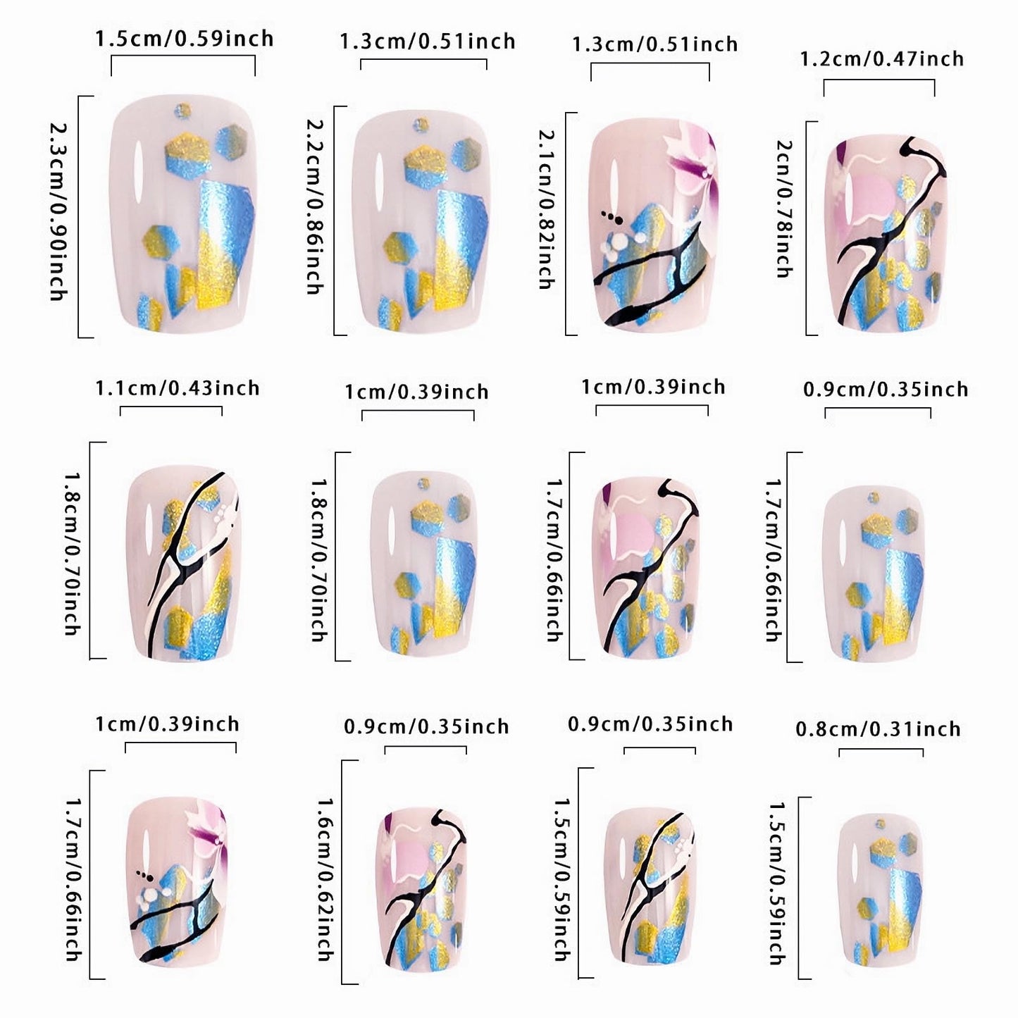 MISUD Press on Nails Medium Square Fake Nails Glossy Glue on Nails Flower Acrylic Nails Squoval Artificial Nails Bling Glitter Stick on False Nails with Design 24 pcs