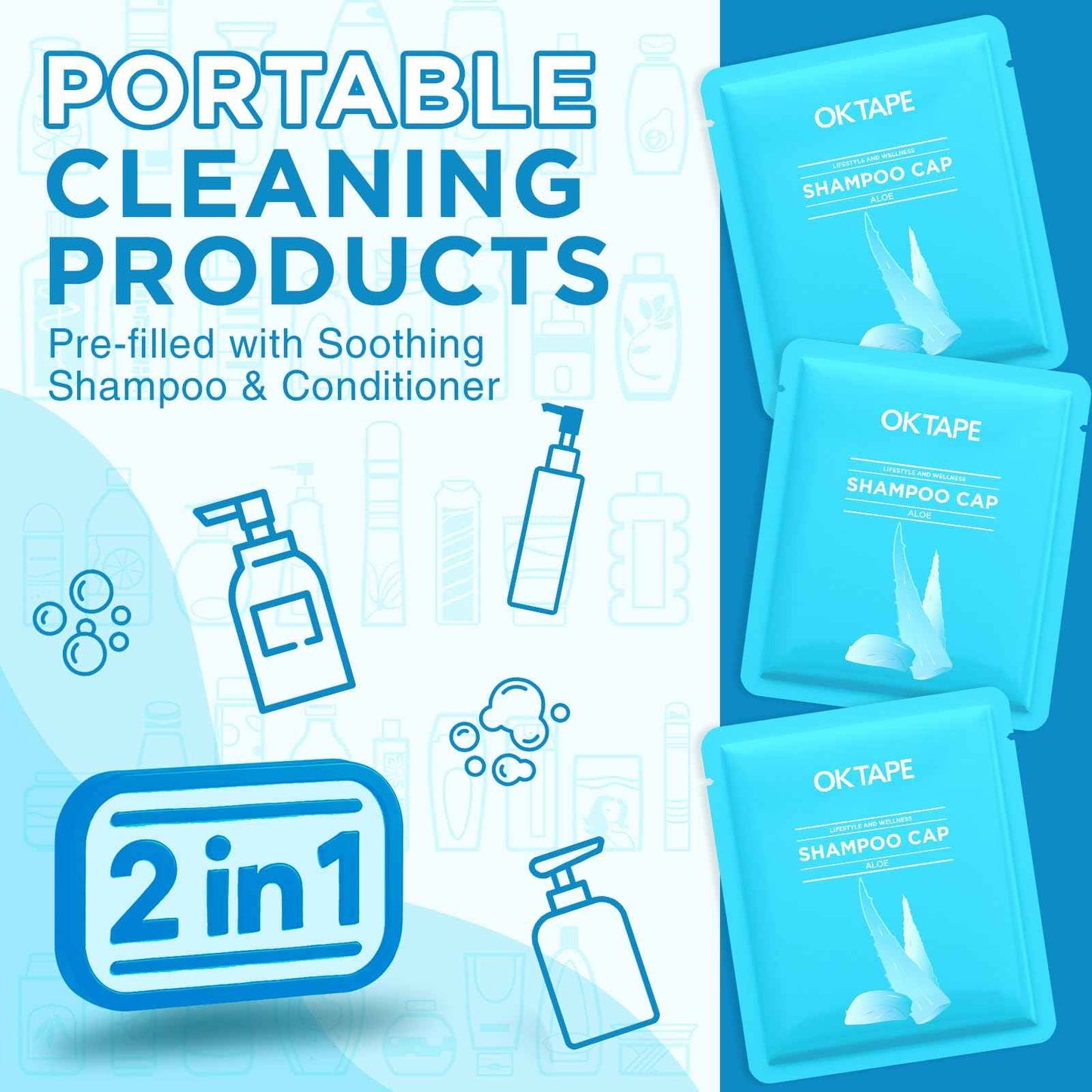 OK TAPE No Water Shampoo Cap (6 Packs), Microwaveable Rinse Free for Bedridden Patients or Elderly, Waterless Shampoo and Condition Hair, Aloe Vera Fragrance