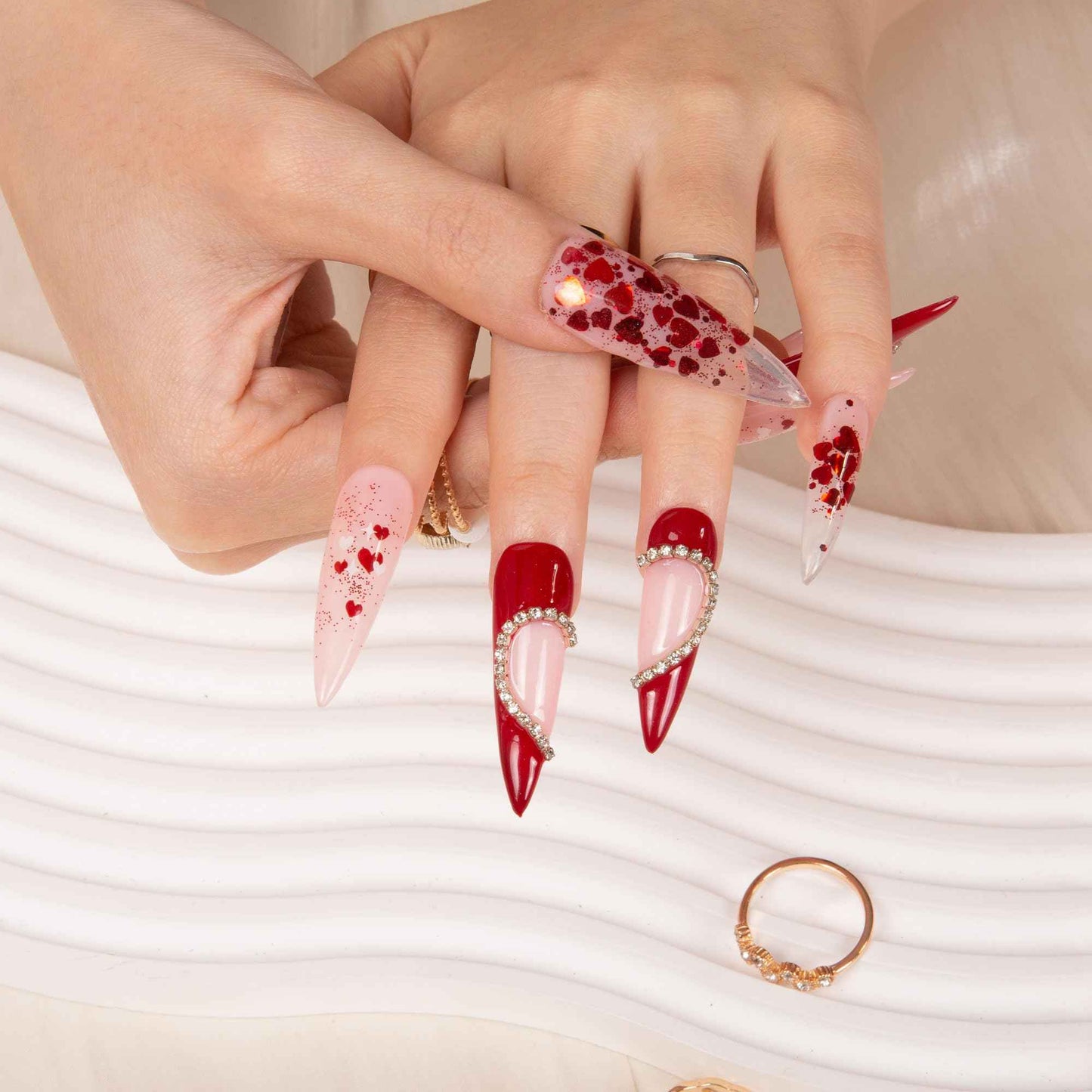 LOVFUL Press on Nails Love Day Exclusive | Handmade with Full Covered Crystals | Reusable Full Cover Nails | Stiletto Mid Length 1.7 in | H154-S