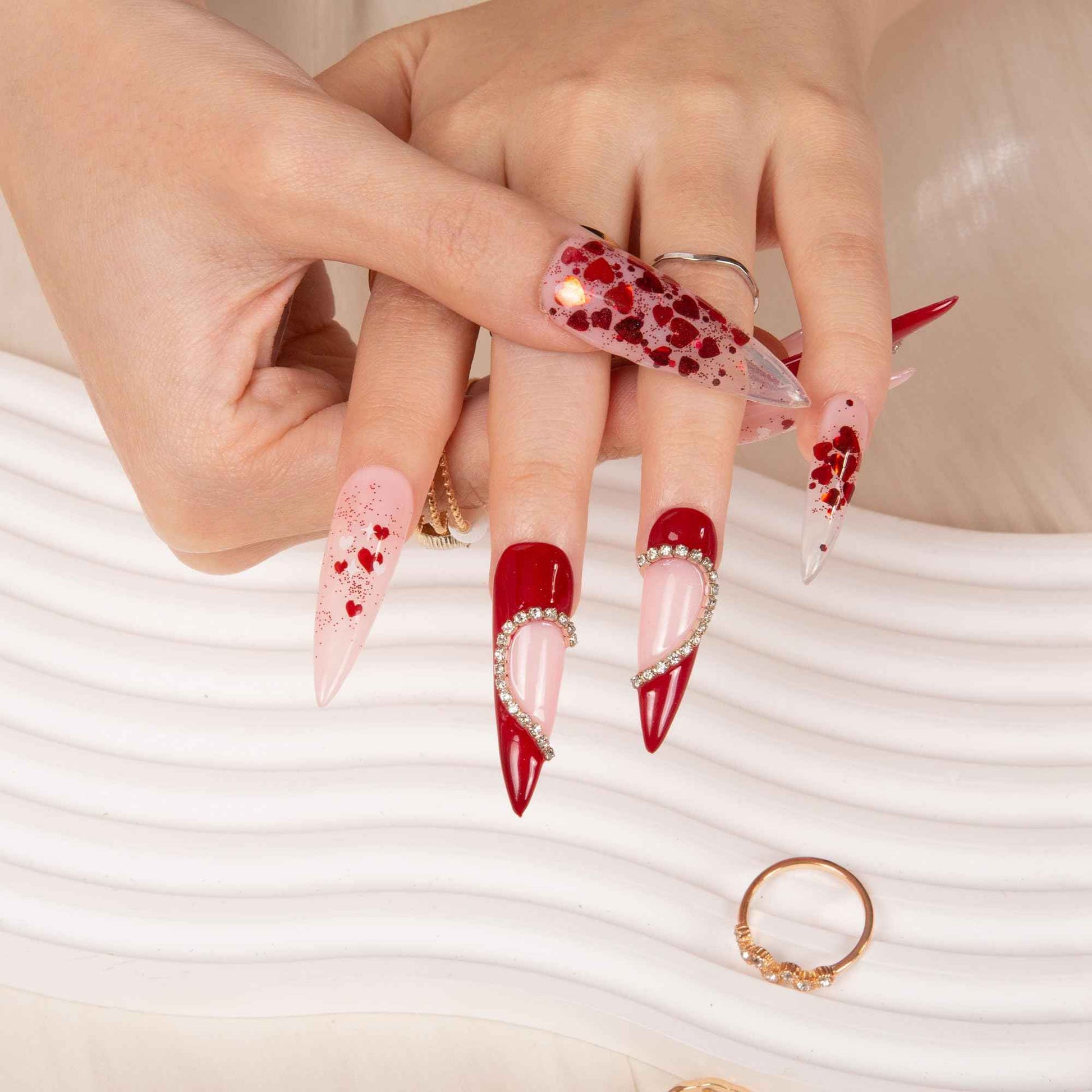 LOVFUL Press on Nails Love Day Exclusive | Handmade with Full Covered Crystals | Reusable Full Cover Nails | Stiletto Mid Length 1.7 in | H154-S