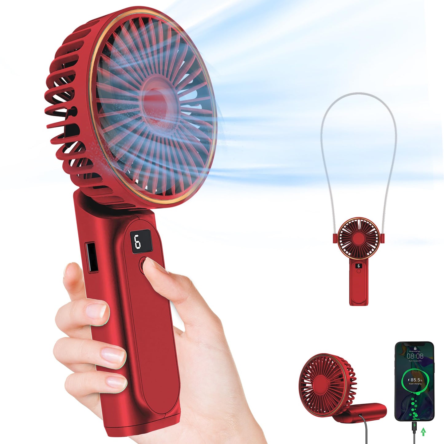 TUNISE Portable Handheld Fan, Portable Fan Rechargeable, 4000mAh, 180° Adjustable, 6 Speed Wind, Display Electricity in Real Time, USB Rechargeable Foldable Fan, Quiet Personal Fan with Power Bank