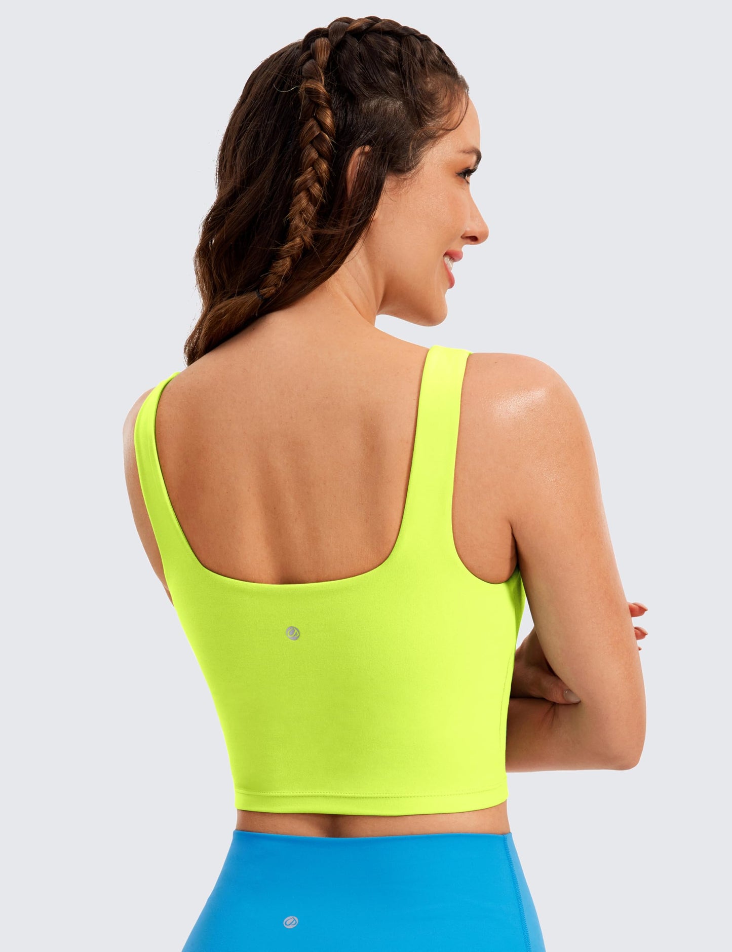 CRZ YOGA Butterluxe Womens Square Neck Longline Sports Bra - Workout Crop Tank Tops Padded with Built in Shelf Yoga Bra Neon Yellow XX-Small