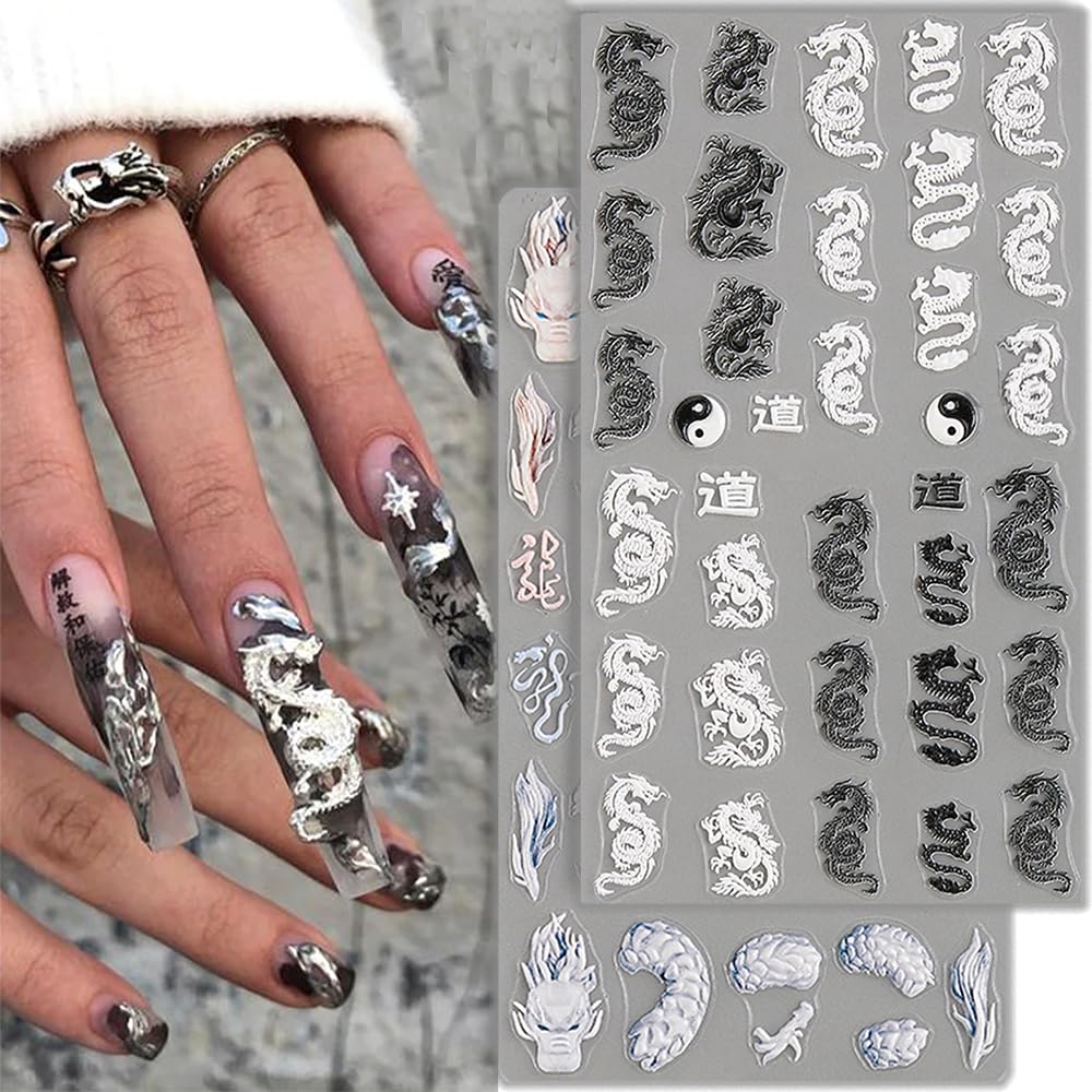 5D Embossed Dragon Nail Art Stickers for Nail Designs Black White Dragon Nail Stickers for Women Chinese Dragons Nail Decals for Nail Art Supplies Dragon Nail Sticker Manicure Stickers for Nails Decor