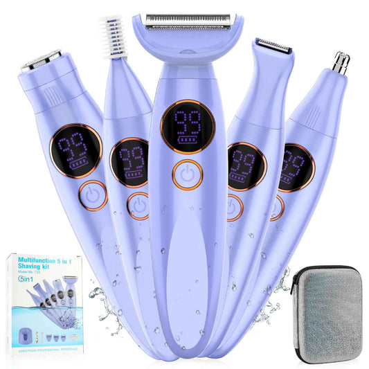 5 in 1 Bikini Trimmer for Women,IPX7 Waterproof Cordless Replaceable Pubic,Eyebrow,Facial Electric Razors&Nose Hair Trimmer&Painless Body Shaver for Arms Legs Underarms,USB Charge,LED Display,Wet&Dry