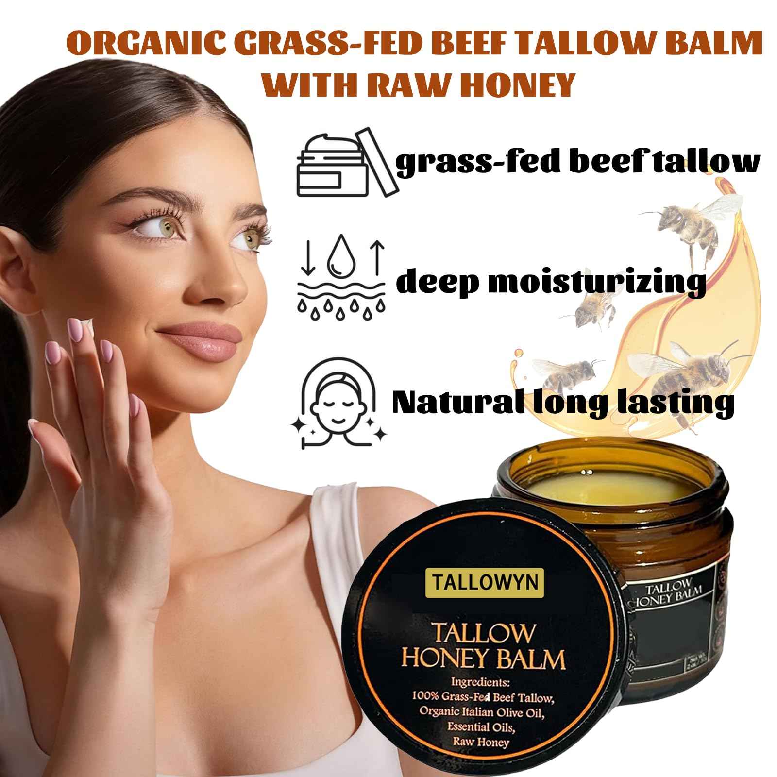Grass-Fed Beef Tallow Balm with Raw Honey, Beef Tallow and Honey Balm for Face and Body, Natural Soothing Moisturizing, Deep Nourishing, 4.23oz / 120g