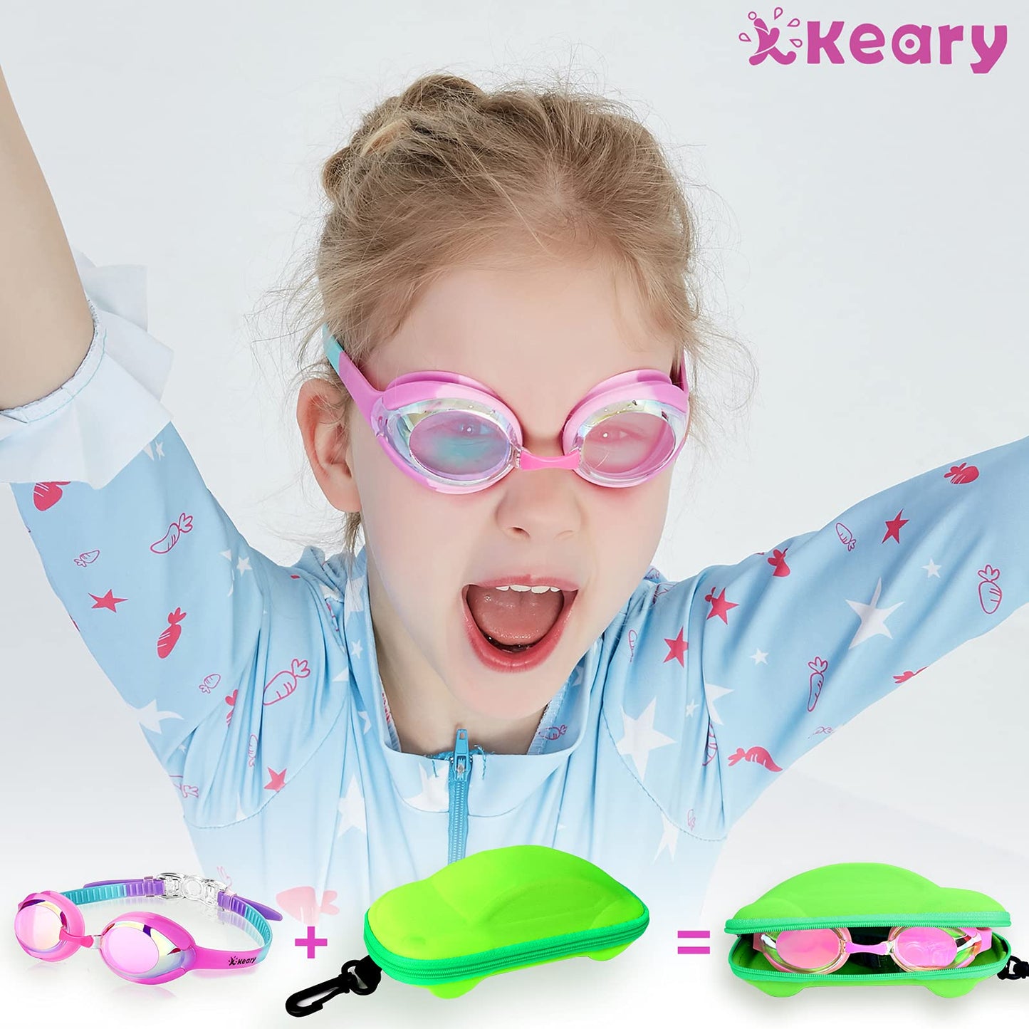 Keary Kids Swim Goggles Swimming Goggles for Toddler Children Girls Boys Youth, Anti-Fog Waterproof UV Protection Clear Vision Mirror Flat Lens Water Pool Goggles with 3 Nose Piece, Pink Kids Goggles