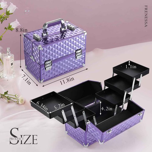 Frenessa Makeup Train Case 12 Inch Portable Cosmetic Case - 6 Tier Professional Makeup Storage Box Organiser Box Make Up Carrier with Lockable Keys Travel Case for Women and Girls - Purple