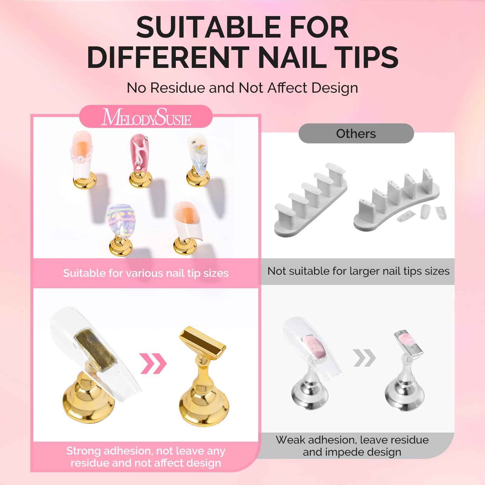 MelodySusie Nail Stand for Press Ons, Big Transparent Acrylic Magnetic Base for Painting Display with Brush Holder and 100 Pcs Reusable Double-Sided Tape for Home DIY Salon Supplies
