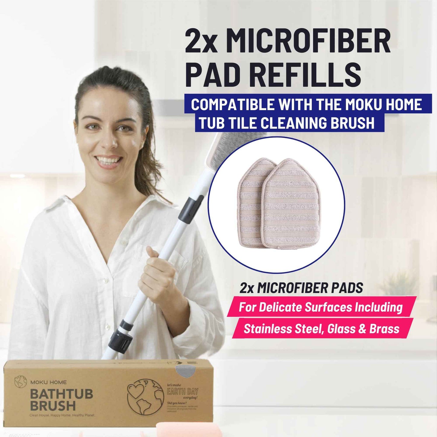 Moku Home Replacement Microfiber Pad for Moku Home Extendable Tub Tile Shower Scrubber for Cleaning Non-Scratch (2X Microfiber Pads Gray)