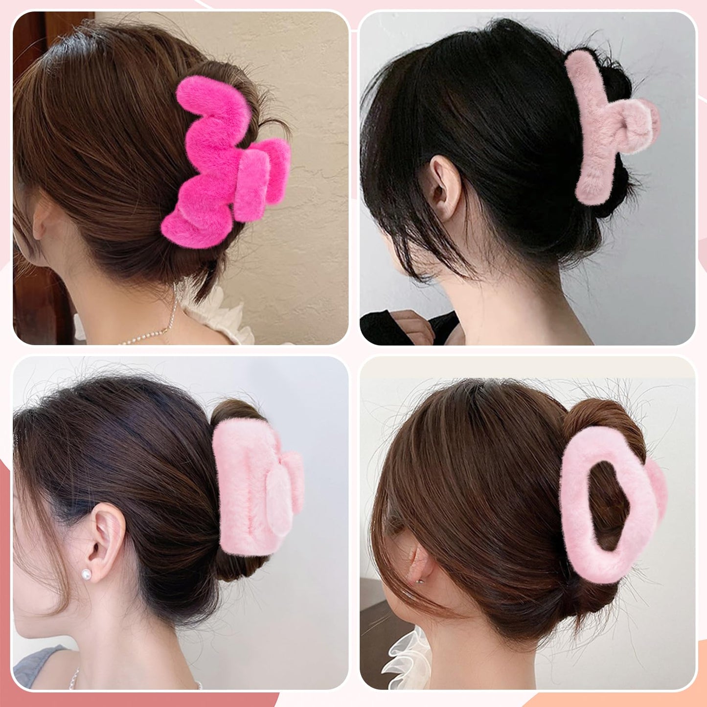 Yonchic 4-Piece Faux Fur Hair Accessories, Different Shapes, Strong Hold Non-Slip Clips for Thin/Medium Thick Hair (Pink)