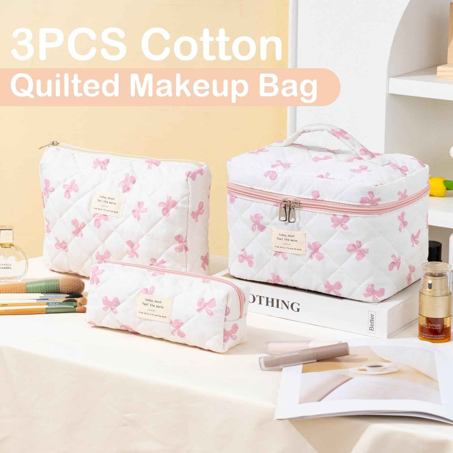 UUYUUY Makeup Bag for Women 3PCS Quilted Cotton Make Up Bag Travel Cosmetic Bag Large Makeup Bag Set Cute Bow Makeups Purse Organizer Floral Toiletry Pouch