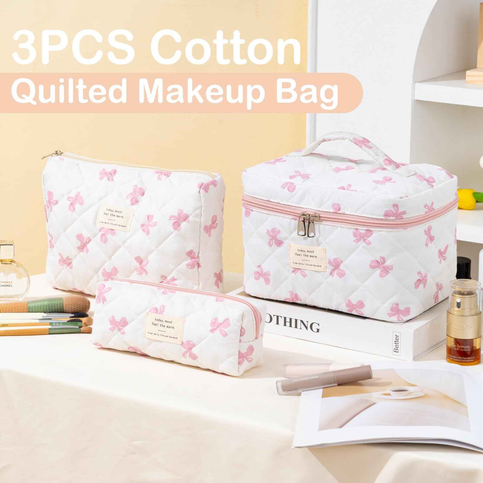 UUYUUY Makeup Bag for Women 3PCS Quilted Cotton Make Up Bag Travel Cosmetic Bag Large Makeup Bag Set Cute Bow Makeups Purse Organizer Floral Toiletry Pouch