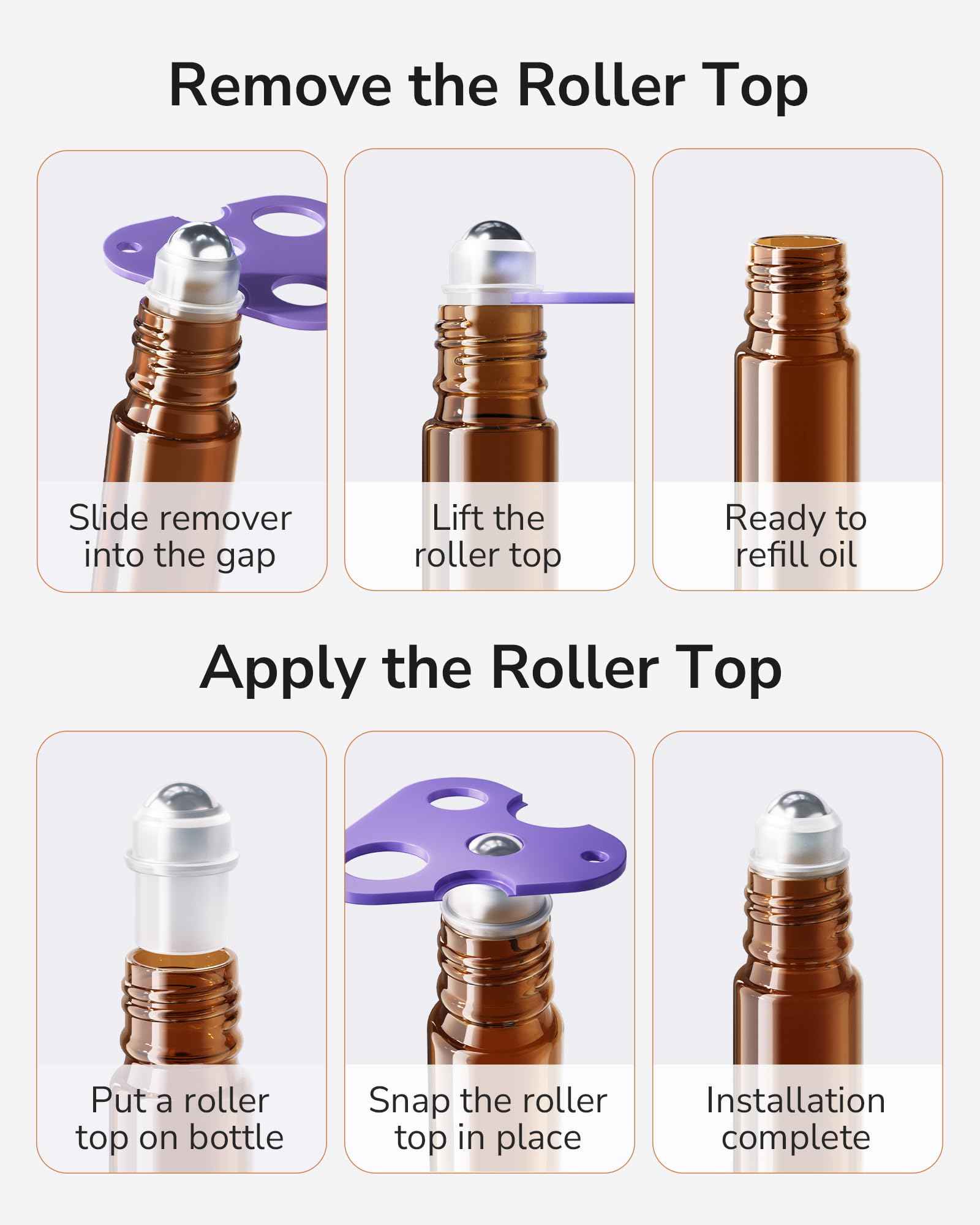 ULG 24-Pack Essential Oil Roller Bottles 10ml, Empty Bottles with Stainless Steel Roller Balls and Waterproof Labels, Amber Roller Balls For Essential Oils