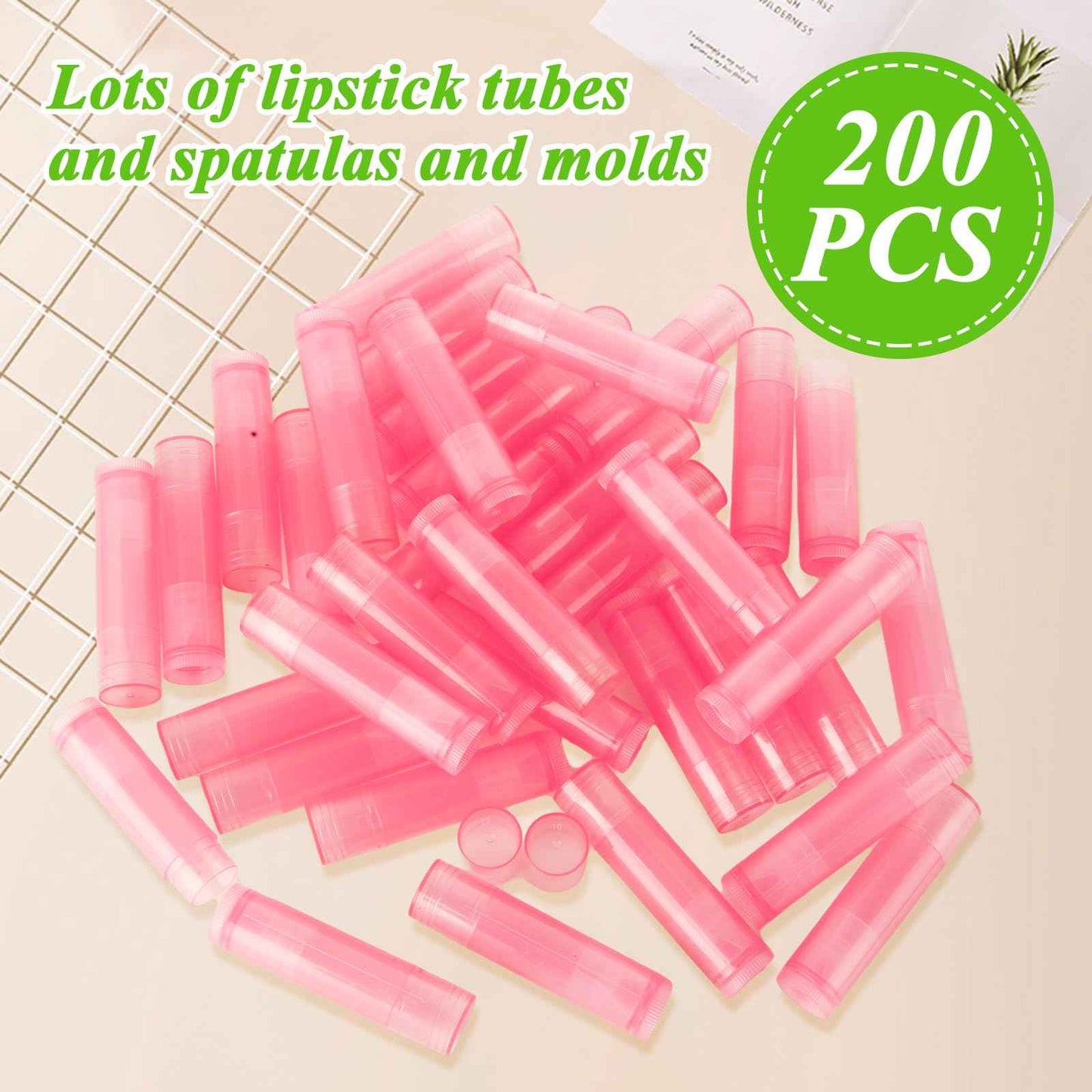 GBACHOOSE 200PCS Plastic Lip Balm Tubes, Chapstick Tubes Empty, Lip Balm Containers with Filling Tray and Spatula, Rotating Type Refill Lip with Cap for DIY(5ml/5g, Pink)