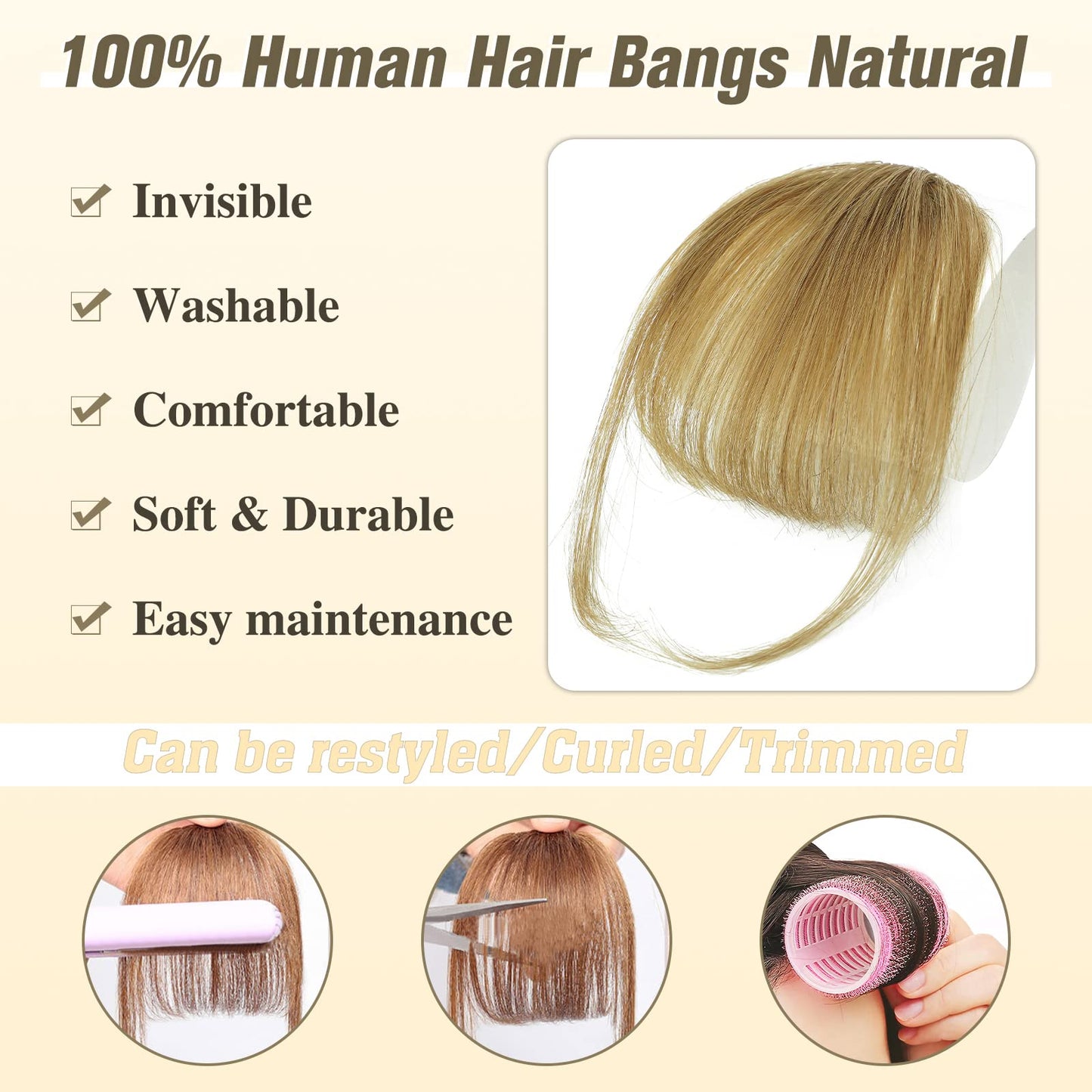 WECAN Clip in Bangs 100% Human Hair Extensions Ash Blonde bangs hair clip Fringe with Temples Wigs for Women Everyday Wear Curved Bangs (Wispy Bangs, Ash Blonde)