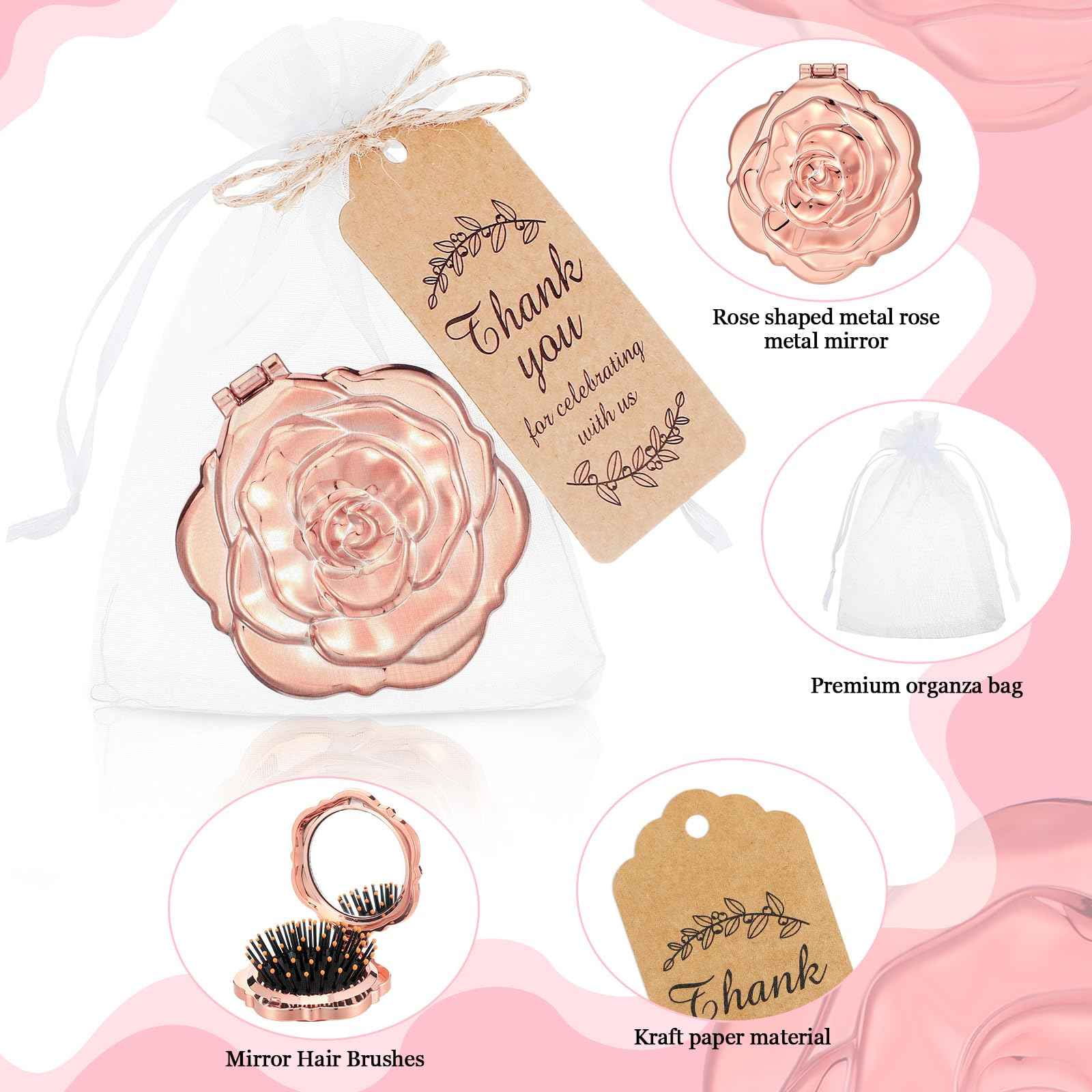 Singhoow 24 Sets Rose Compact Mirrors Brush Bulk Quinceanera Party Favors for Guests Travel Mirror Thank You Gifts Bulk for Sweet 16 15 Party Favors Bridal Shower Wedding Souvenirs(Rose Gold)
