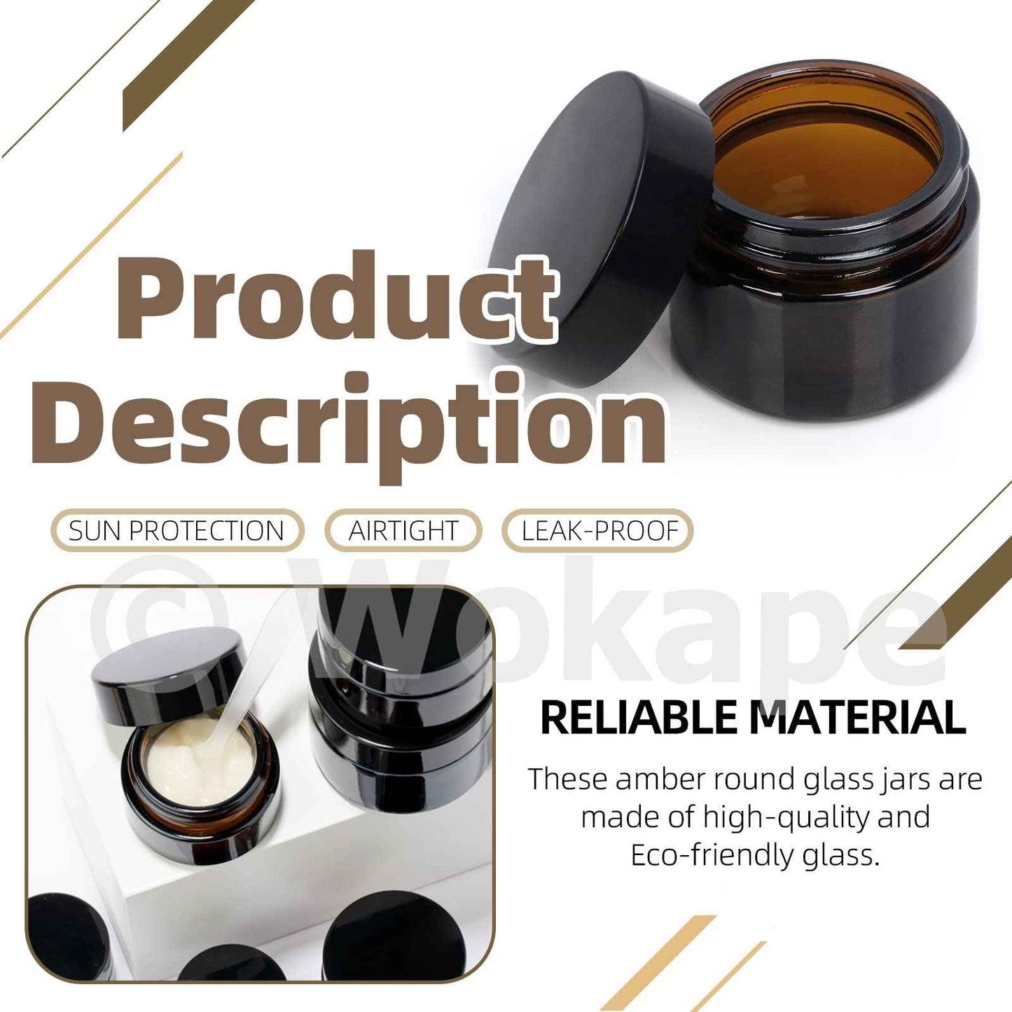 Wokape 20Pcs 5ml Round Glass Jars with Liner Lids Spoons, 0.17oz Amber Refillable Cosmetic Storage Jars for Cream Lotion Liquid Powder