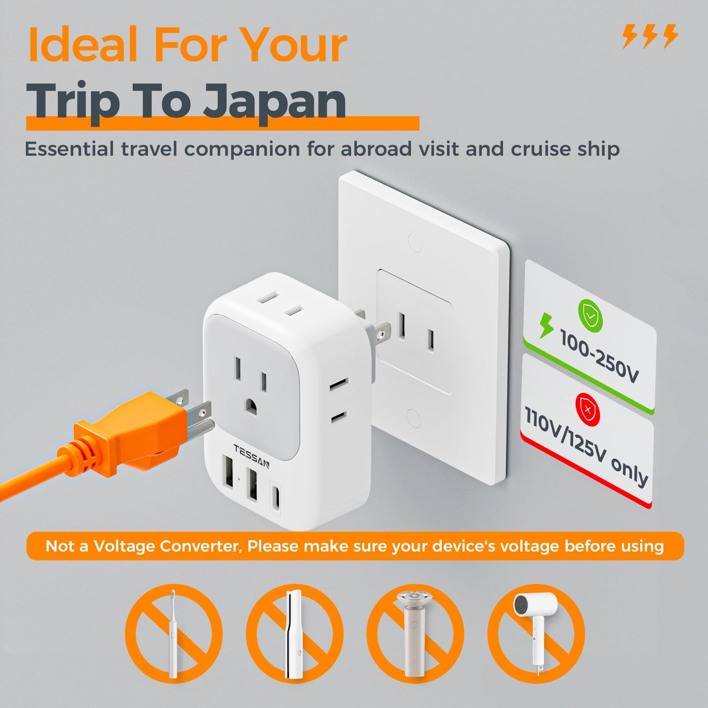 TESSAN 2 Prong to 3 Prong Adapter, Multi Plug Outlet Extender with 4 Outlets 3 USB Ports(1 USB C), Type A Travel Plug Converter for US to Japan, Philippines, Canada, Mexico, China, Thailand, Anguilla