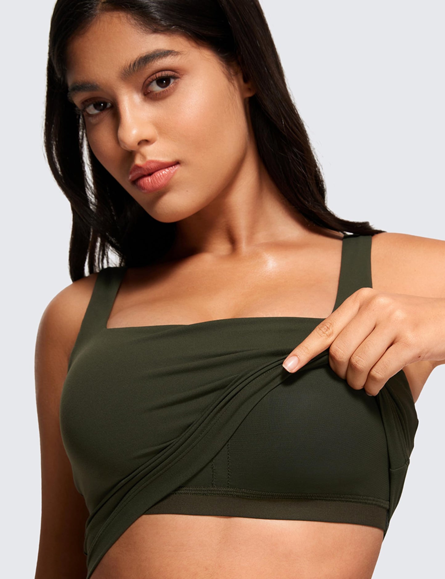 CRZ YOGA Butterluxe Womens Square Neck Longline Sports Bra - Workout Crop Tank Tops Padded with Built in Shelf Yoga Bra Olive Green XX-Small