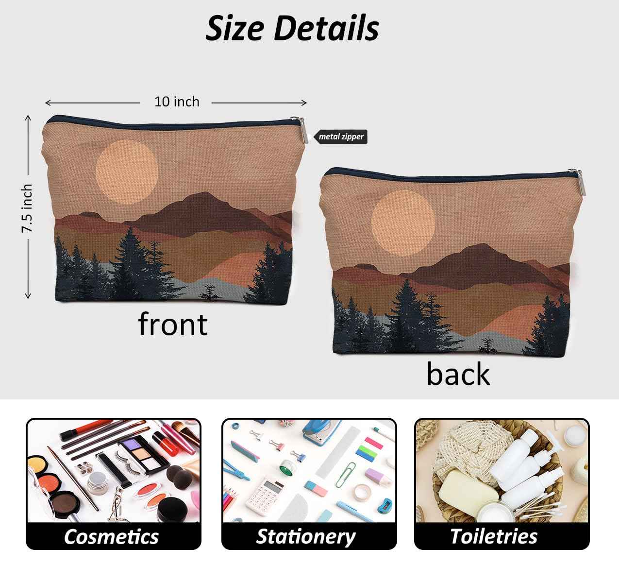 IWXYI Boho Mountain Sun forest Cosmetic Bag,Neutral Boho Mid-Century Sun Women's Makeup Make Up Bag Zipper Pouch Travel Toiletry Gifts For Women Teenage Girls Boho Lover
