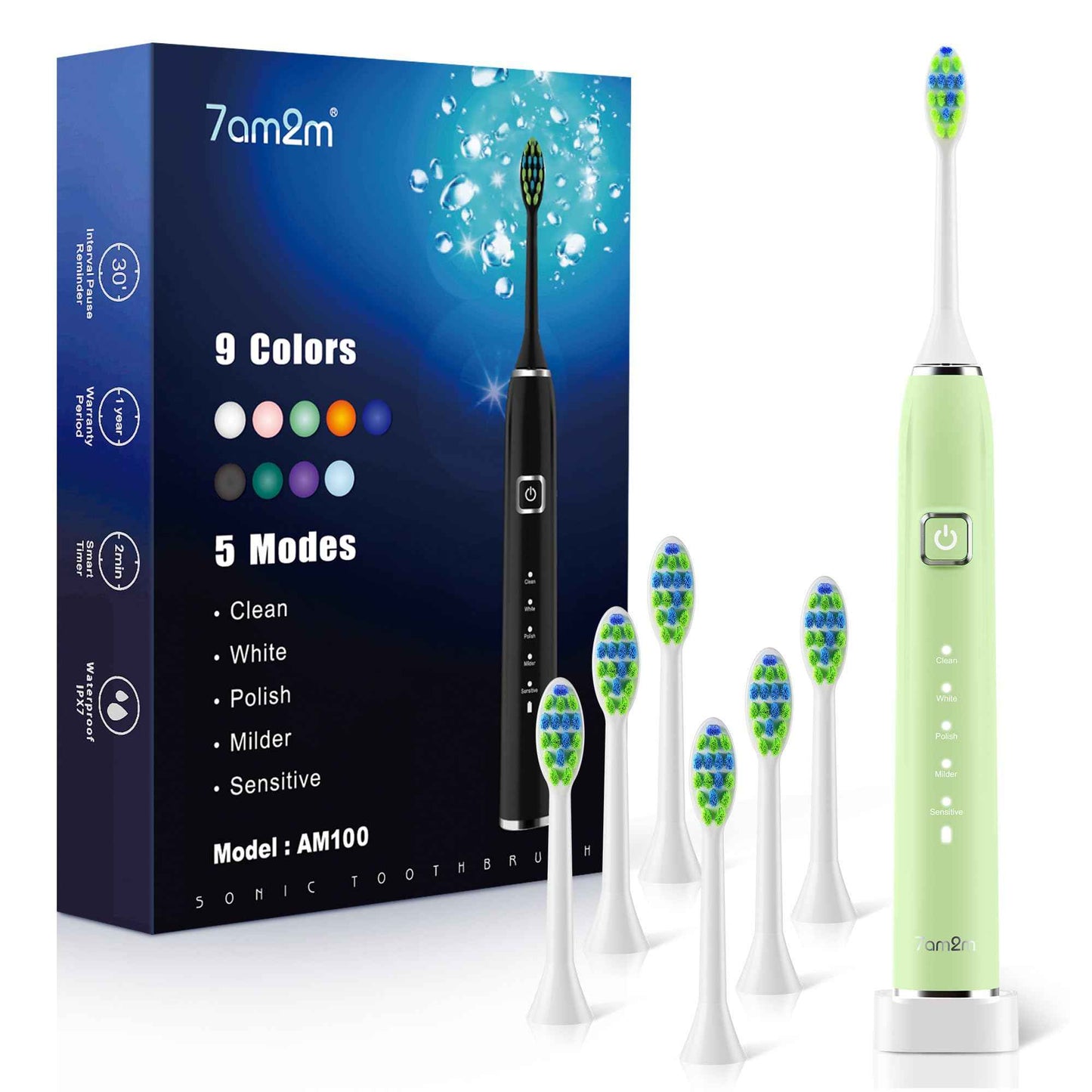 7AM2M Sonic Electric Toothbrush with 6 Brush Heads for Adults&Kids, One Charge for 120 Days, Wireless Fast Charge, 5 Modes, 40000VPM Powered Toothbrush, 2 Minutes Built in Smart Timer - Light Green