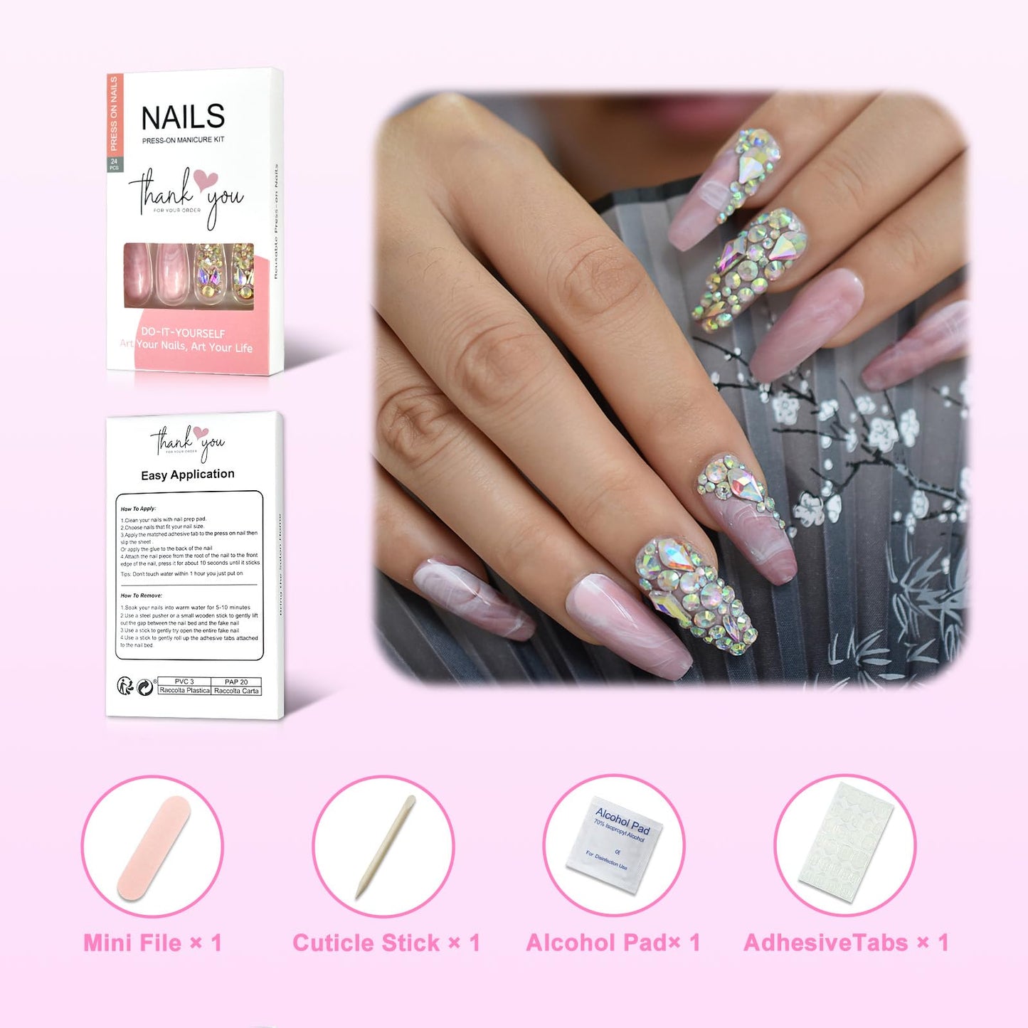 CoolNail Bling Jewelry Ballerina Coffin Press on False Fake Nails 3D Marble Pink Glossy Extra Long Salon Party Wear Full Cover Nail Tips