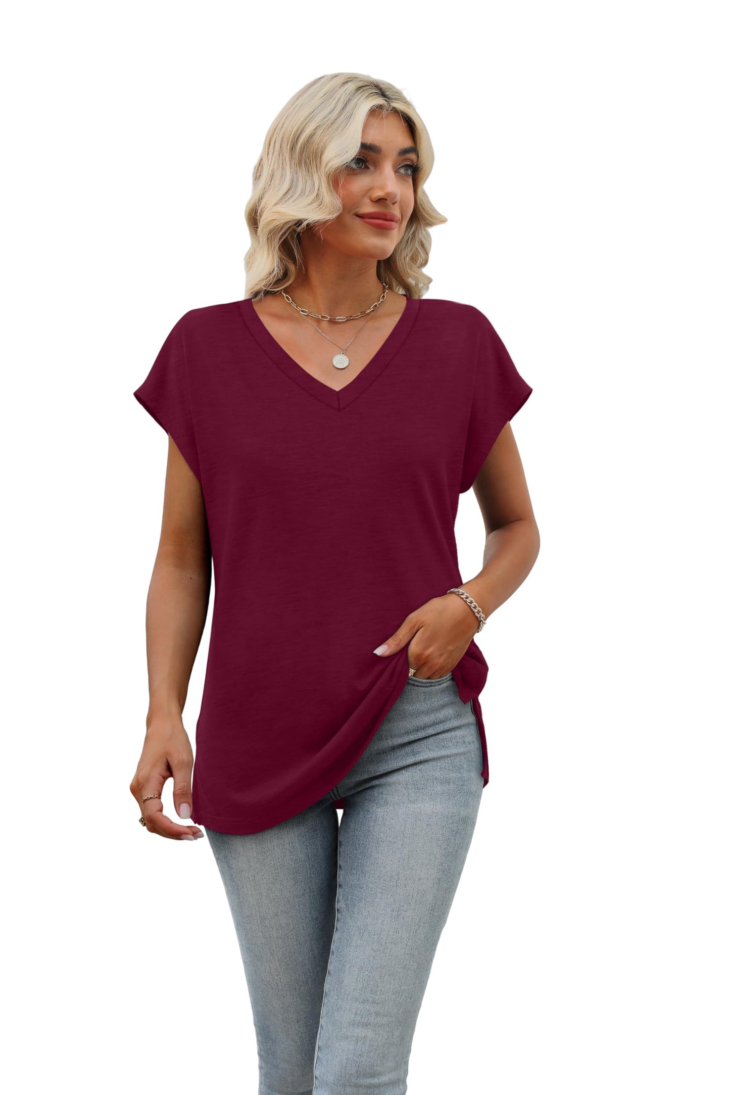 Womens Short Sleeve 2024 Summer Tops Trendy Tank Tops V Neck Loose Fit Shirts Burgundy S