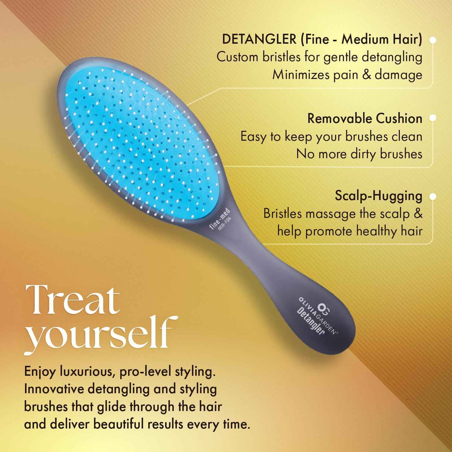 Olivia Garden Brush Collection, removable cushion, scalp hugging massages the scalp, 1 fine to medium, 1 medium to thick detangler, 1 smooth and shine styler, for wet or dry hair, 3-Piece Kit - Black