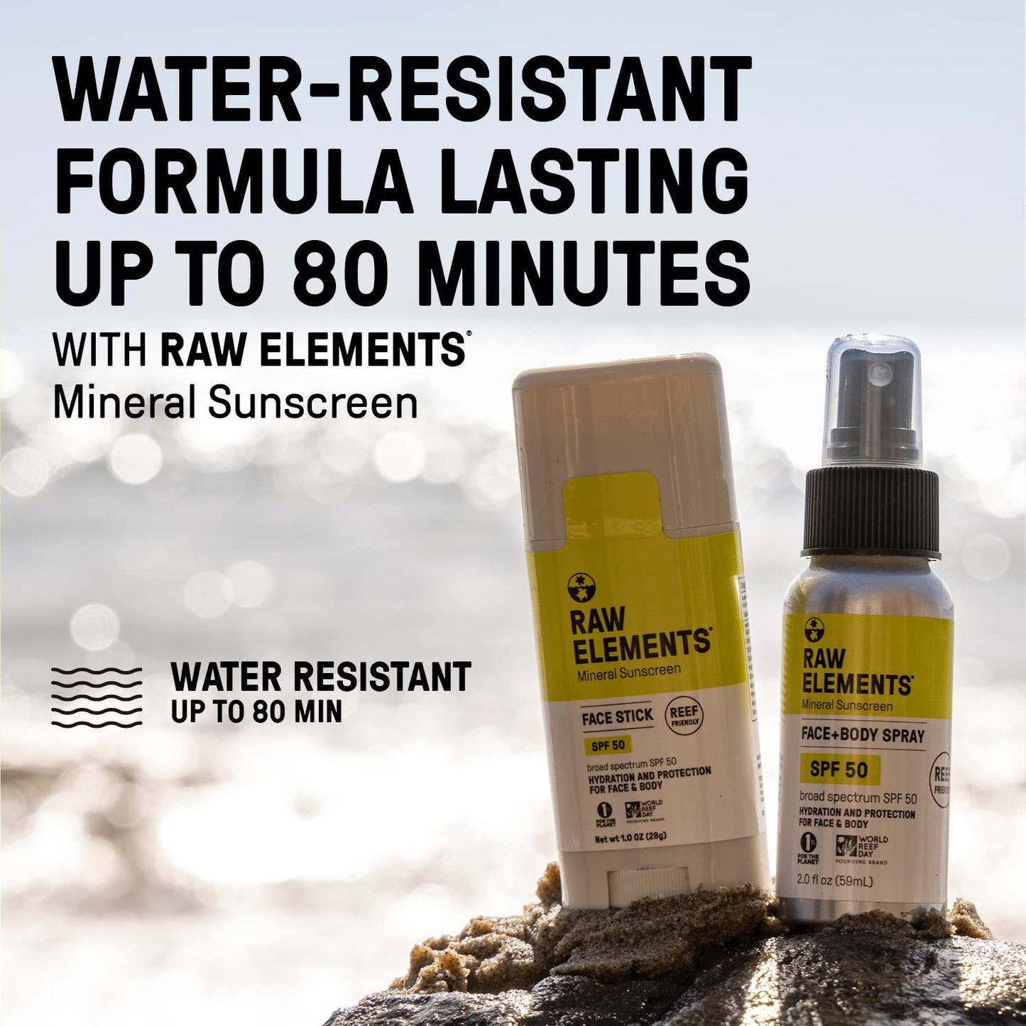 Raw Elements Face + Body Spray SPF 50 All-Natural Mineral Sunscreen - Reef Safe, Water Resistant, Broad Spectrum UVA/UVB Protection, Safe For All Ages, Travel Size 2oz