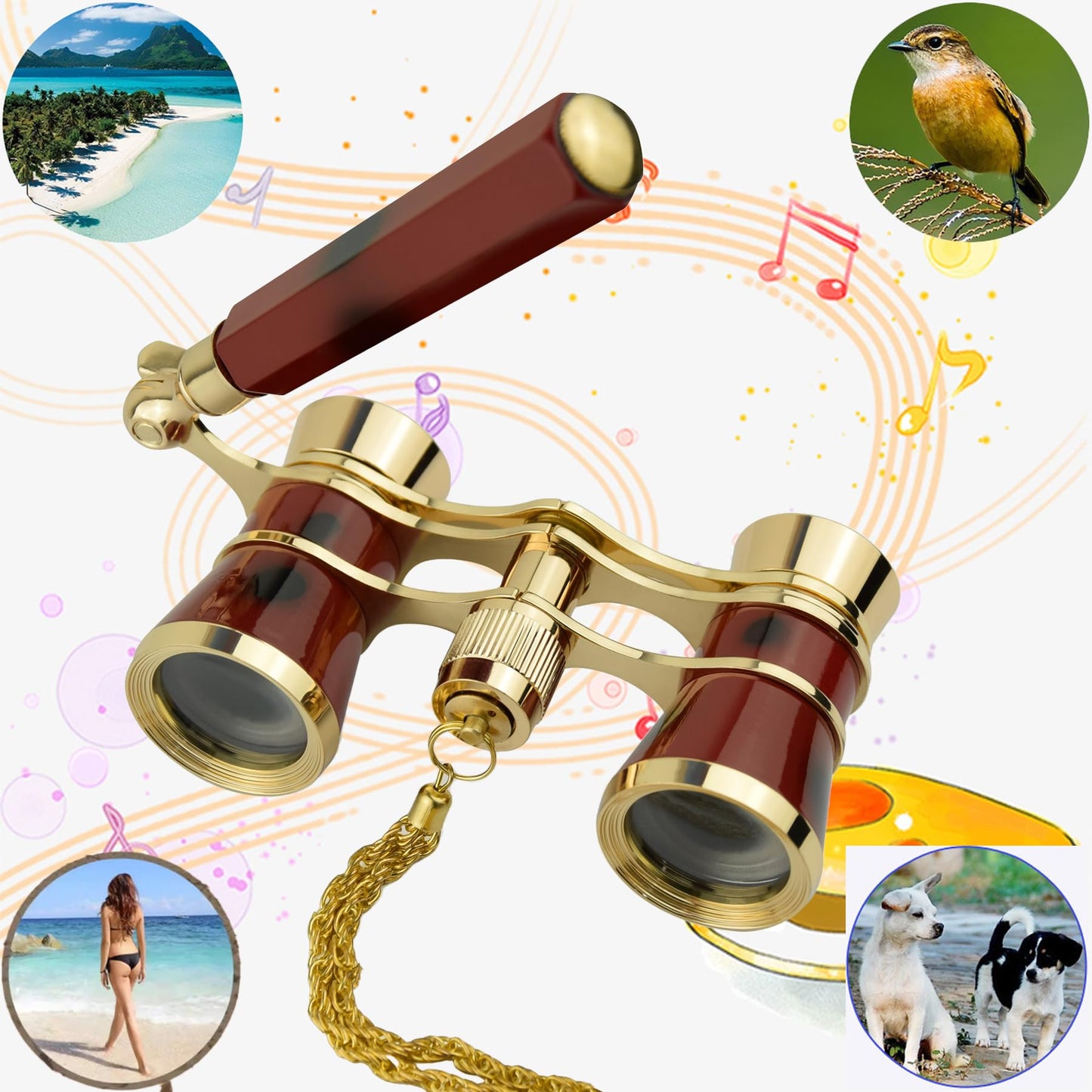 Yourelexit® Opera Glasses Binoculars Lorgnette Theater Optical Glasses Mini Compact Lightweight Built-in Foldable Adjustable Handle with Neck Chain Vintage Adults Kids Women in Musical Concert Cinema