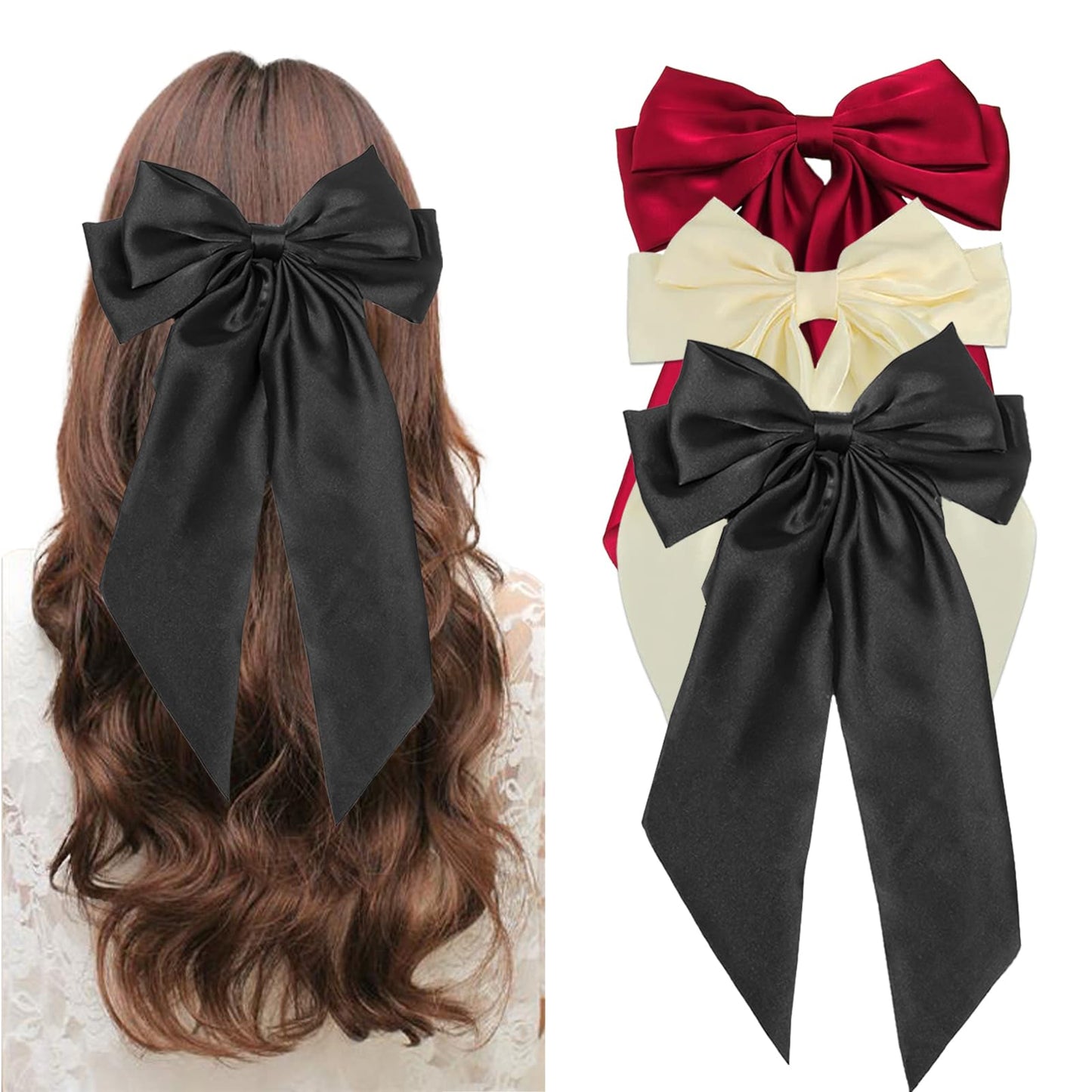 YEAHACLUB Hair Clips for Women, Satin Large Bow Hair Accessories French Elegant Hair Barrettes Metal Clips Aesthetic Bow Hair Clips for Women Long Hair Ponytail(3PCS)