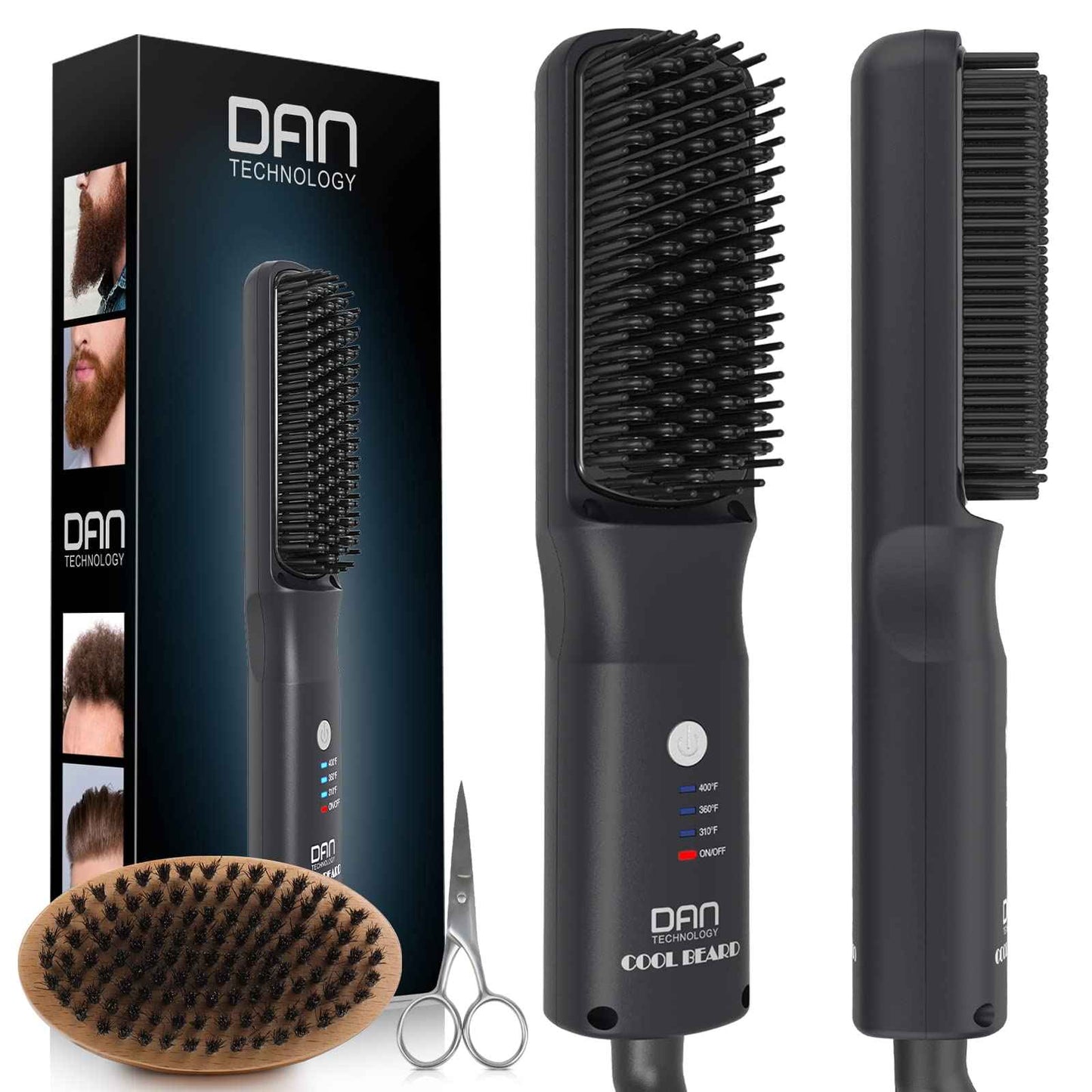 DAN Technology Beard Straightener Kit for Men – Ionic Heated Beard Comb & Wooden Brush, 30s Fast Heating, Tourmaline Ceramic, 3 Heat Settings (310°F–400°F) Dual Voltage, 30 Min Auto Off