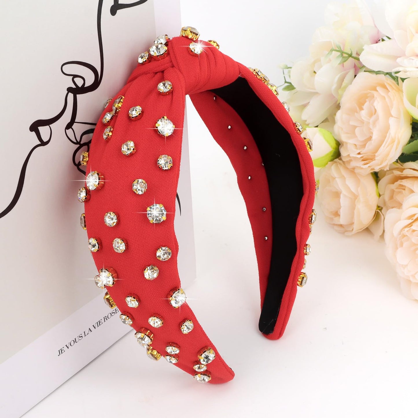 Red Rhinestone Headband Beaded Knotted Headband for Women Sparkly Jeweled Headbands for Women Top Knot Headband for Women Crystal Headband Fashion Embellished Headbands Hairband Non Slip Accessories