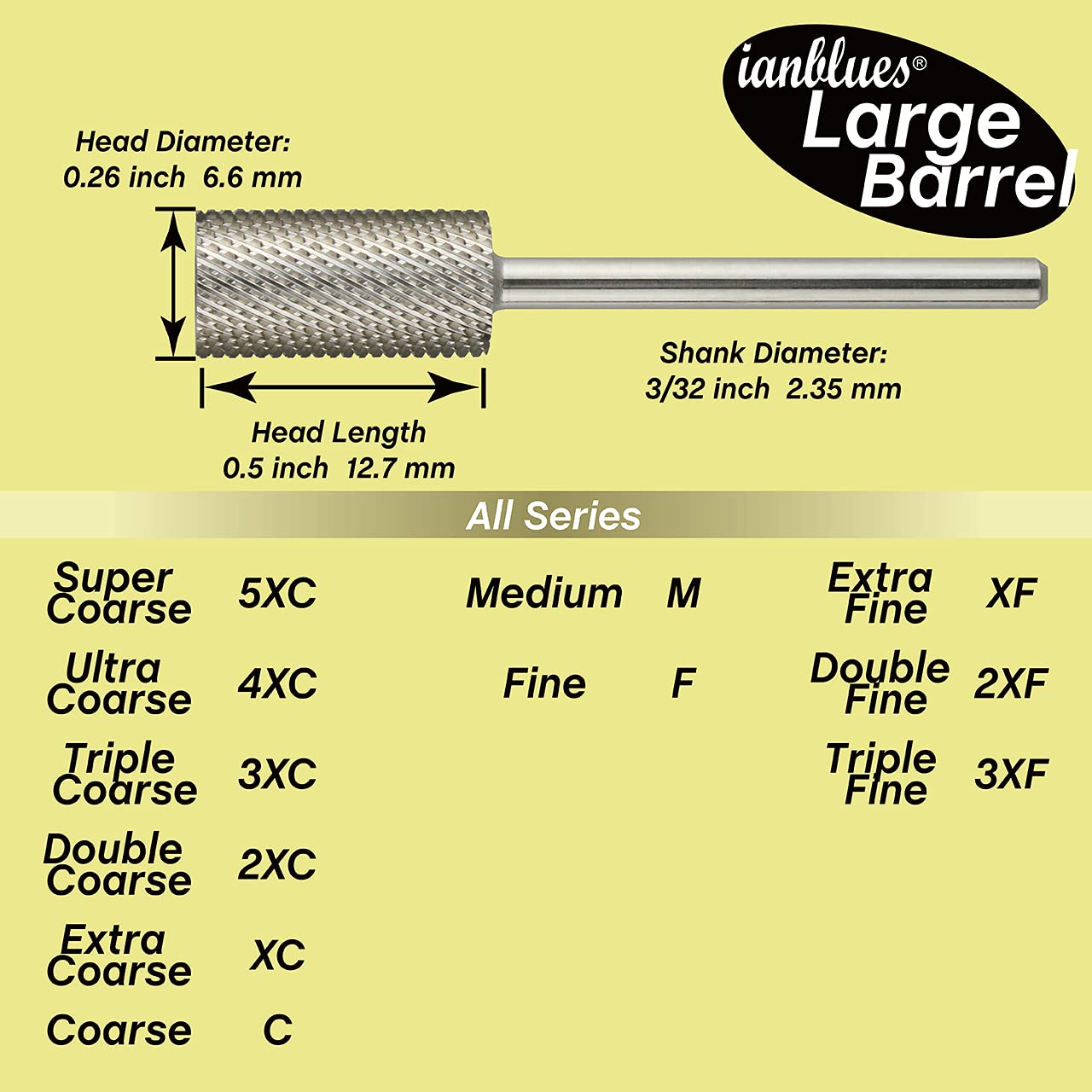 ianblues Nail Drill Bit, Large Barrel, Professional E-Filing for Acrylics and Gel Nails, 3/32” (Triple Coarse - 3XC)