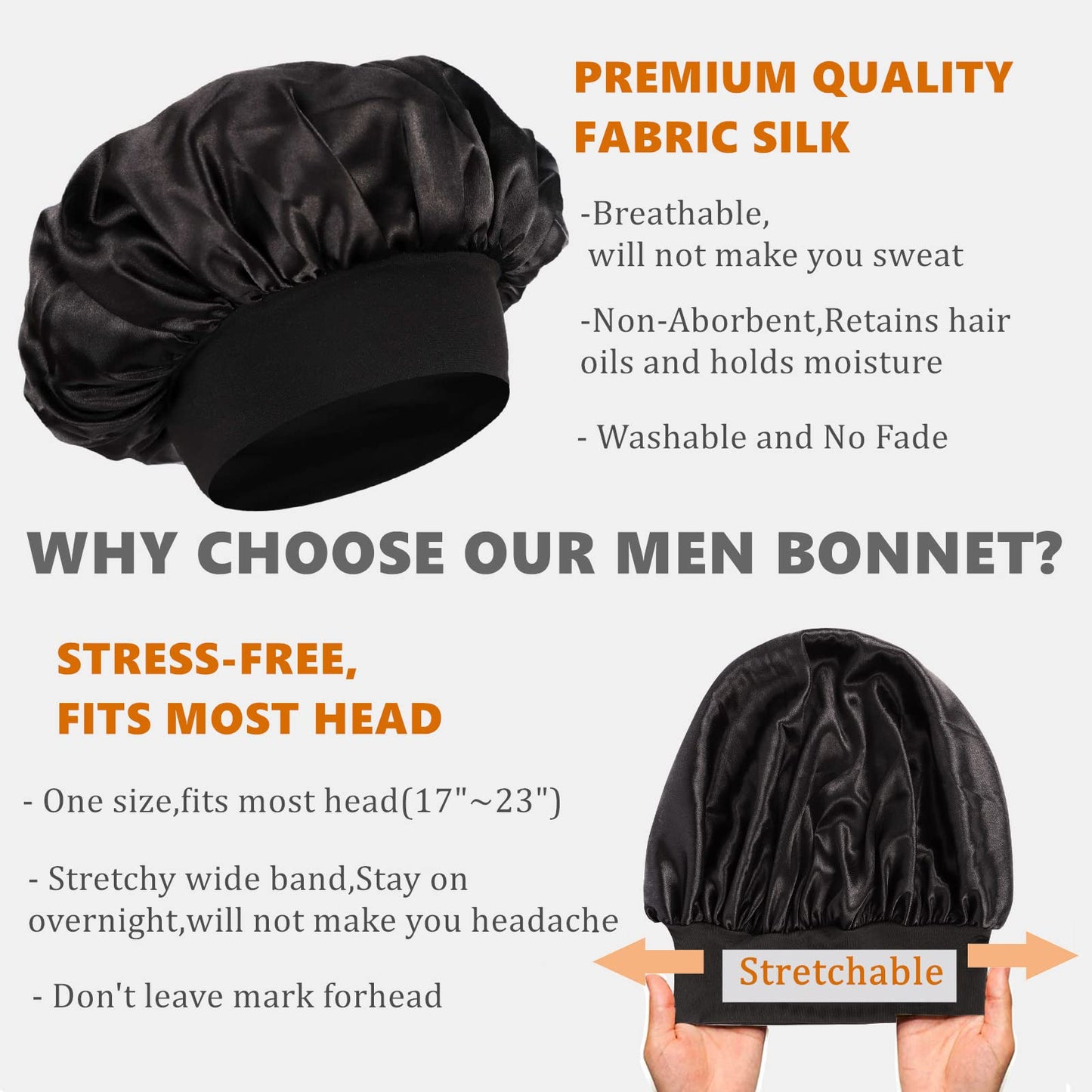 Bonnet for Men,Hair Bonnet for Sleeping,Double Layer Satin Bonnets for Black Women Curly Hair Braids,Reversible Sleep Cap (Large,Black/Black)