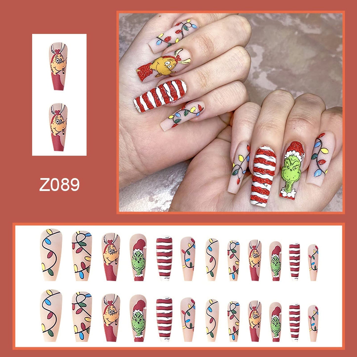 Christmas Press on Nails Long Coffin False Nails Red Fake Nails with Design Red and White Stripe Artificial Nails Full Cover Glue on Nails Cute Press on Nails Matte Cartoon Stick on Nails for Women