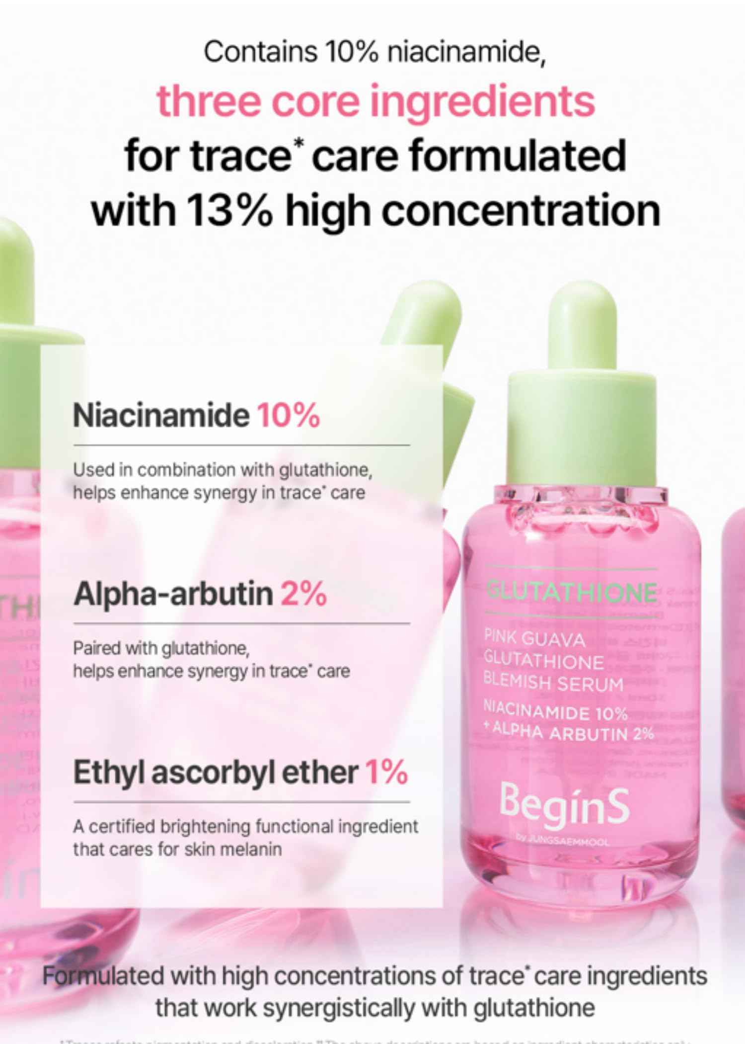 BeginS by JUNGSAEMMOOL Pink Guava Glutathione Blemish Serum 1.01 Fl Oz, Uneven Skin Tone Care Serum with 99% Pure Glutathion, Niacinamide, Vitamin C, Fast-Absorbing Hydrating Texture, Korean Skincare