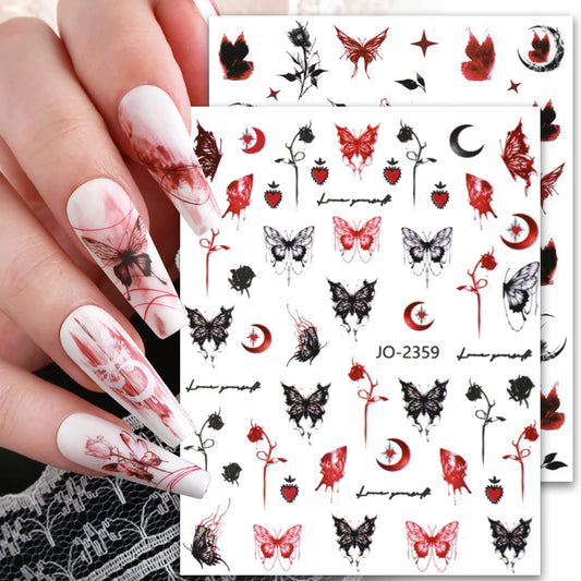 12 Sheets Butterfly Nail Art Sticker Decals, Black Red White Butterflies Nail Art Designs, 3D Butterfly Nail Self-Adhesive Sticker Acrylic Supplies for Women Manicure Decorations, DIY Resin Decal