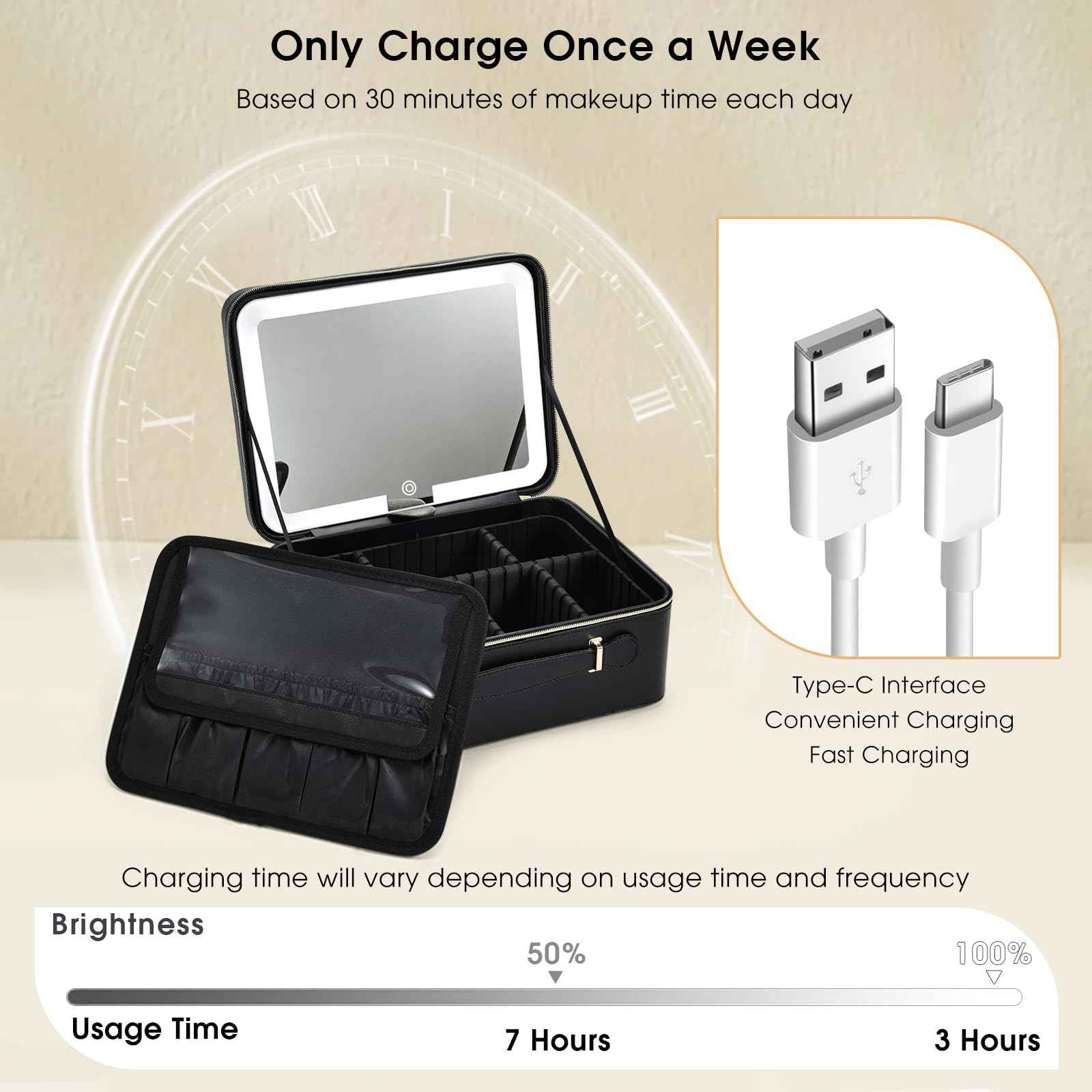 Faquenc 11.4 Inch Extra Large Makeup Bag with LED Lighted Mirror Leather Cosmetic Train Case Light up Mirror Portable Makeup Artist Storage Bag with Dividers Makeup Brush Holder Vanity Black