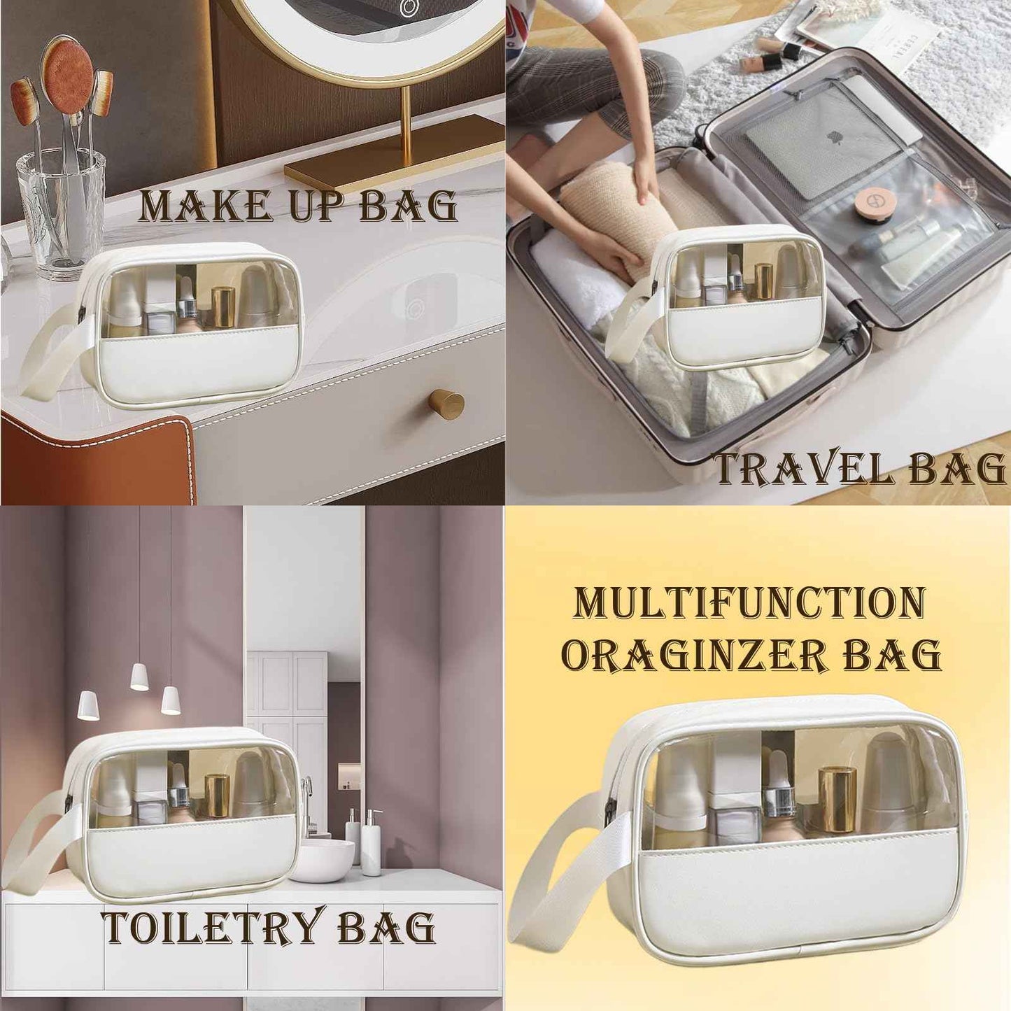 HUTUYIYI Clear Makeup Bag, Portable Travel Toiletry Cosmetic Bag Case for Women, TSA Approved Transparent PVC Waterproof Clear Pouch for Travel Essentials for Women - White