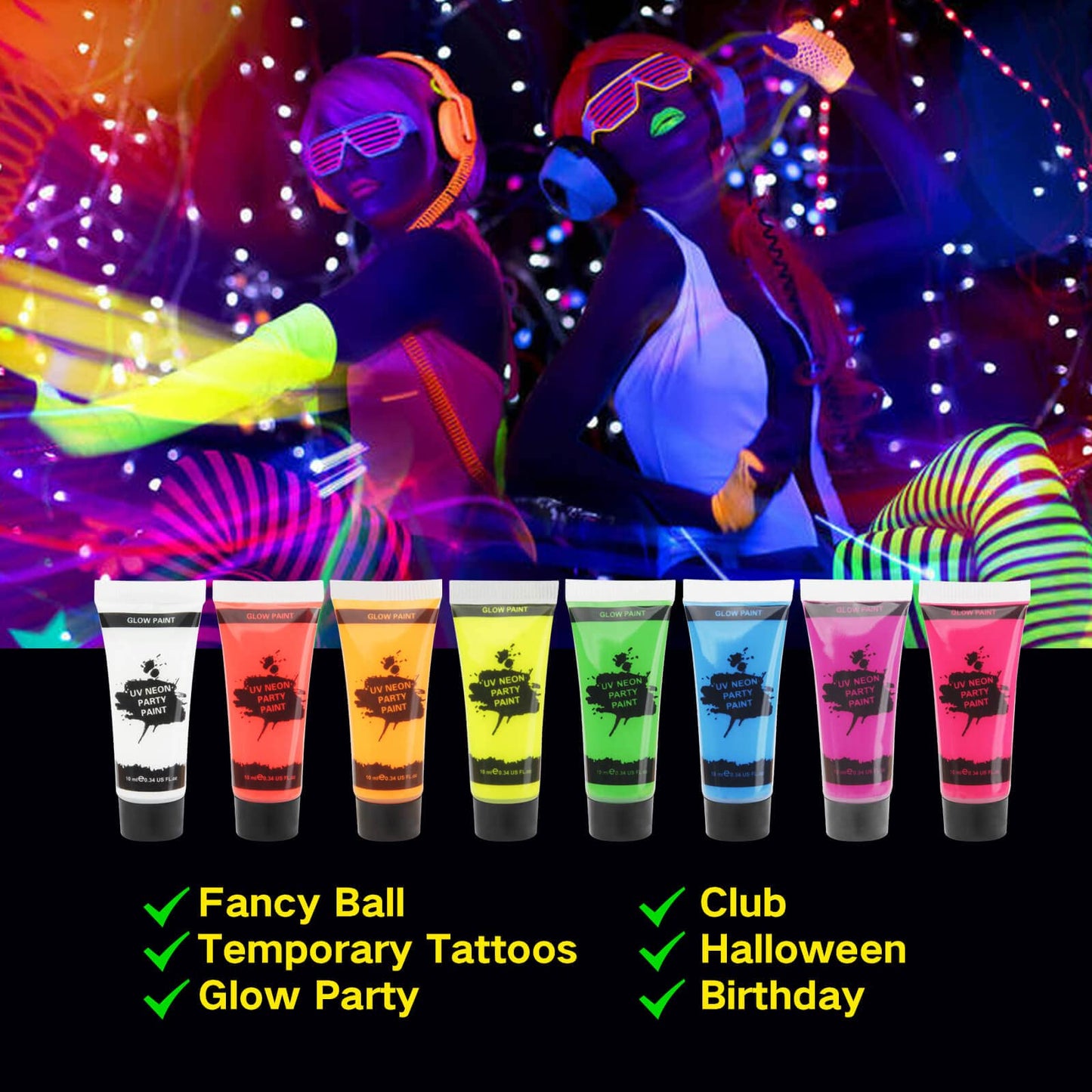 UV Blacklight Neon Face Body Paint, MEICOLY 8 Tubes Blacklight Reactive Paints,Water Based, Washable, Non-Toxic Neon Party Supplies for Halloween,01