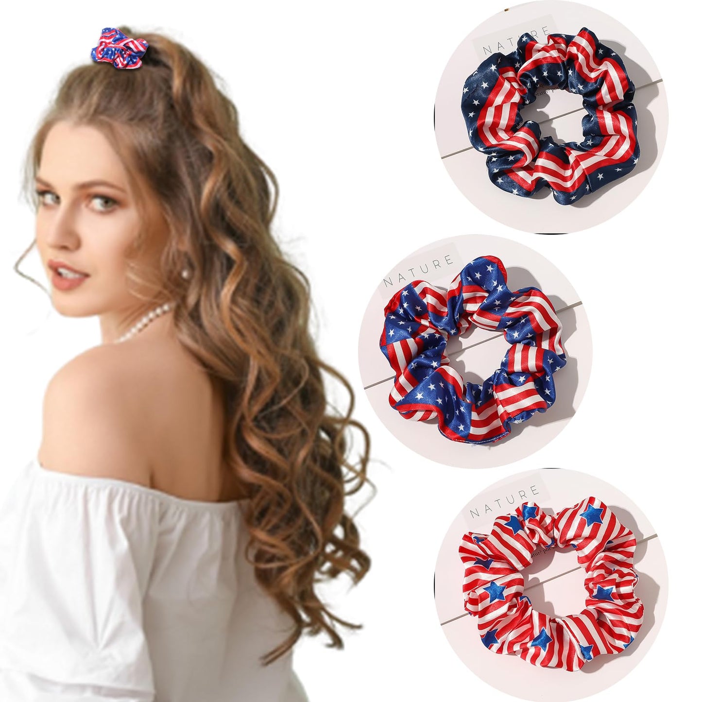 3PCS Patriotic Hair Scrunchies Independence Day Hair Ties American Flag Star Satin Hair Scrunchies 4th of July Scrunchies Elastic Silky Soft Hair Band Ponytail Holder for Women Girls(Style A)