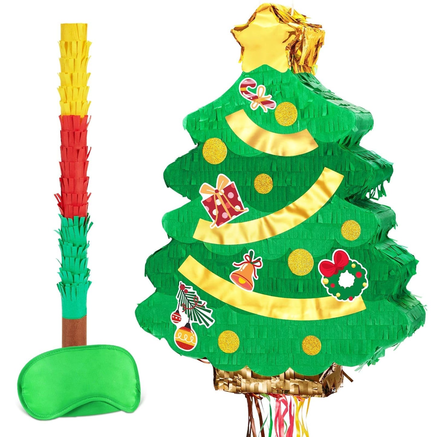 WERNNSAI Christmas Tree Piñata - Christmas Pull String Piñata for Kids Christmas Tree Piñata with Blindfold and Bat for Xmas Christmas Bday Party Supplies Christmas Games Christmas Gifts 16.5” x 12.4”