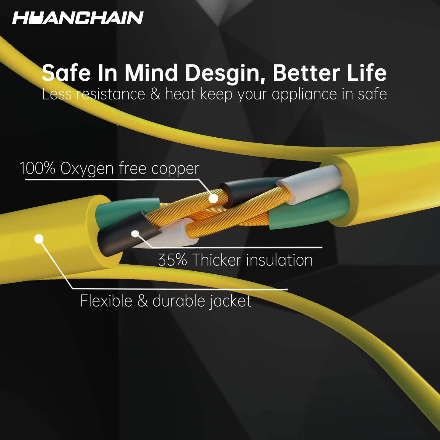 HUANCHAIN Outdoor Extension Cord 100 ft Waterproof, 16/3 Gauge Flexible Cold-Resistant Appliance Extension Cord Outside, 10A 1250W 16AWG SJTW, 3 Prong Heavy Duty Electric Cord Yellow, ETL