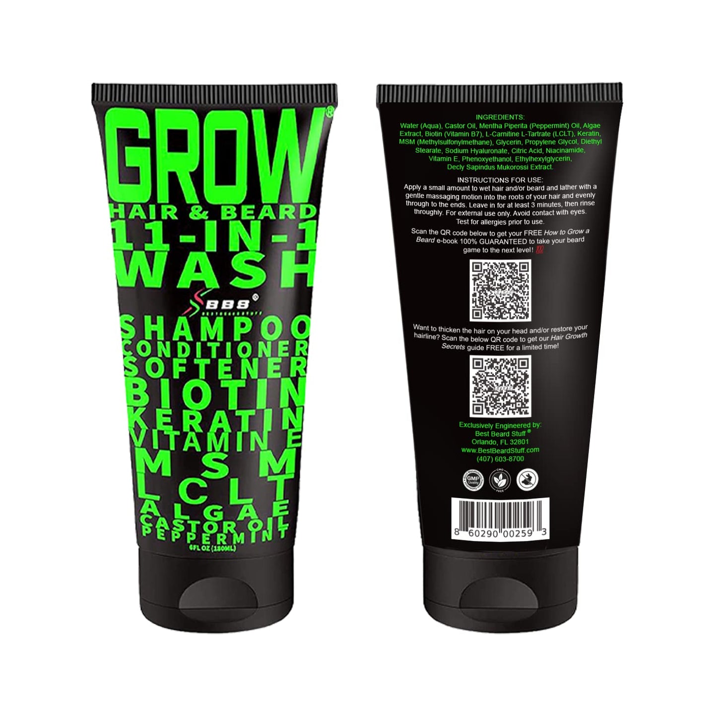 GROW Hair & Beard 11-in-1 Wash: Shampoo, Conditioner Softener, Biotin, Castor Oil, Peppermint Essential Oil, Vitamin E, MSM, Keratin, Algae, LCLT - Supports Healthy Growth - Vegan - BBS USA Product