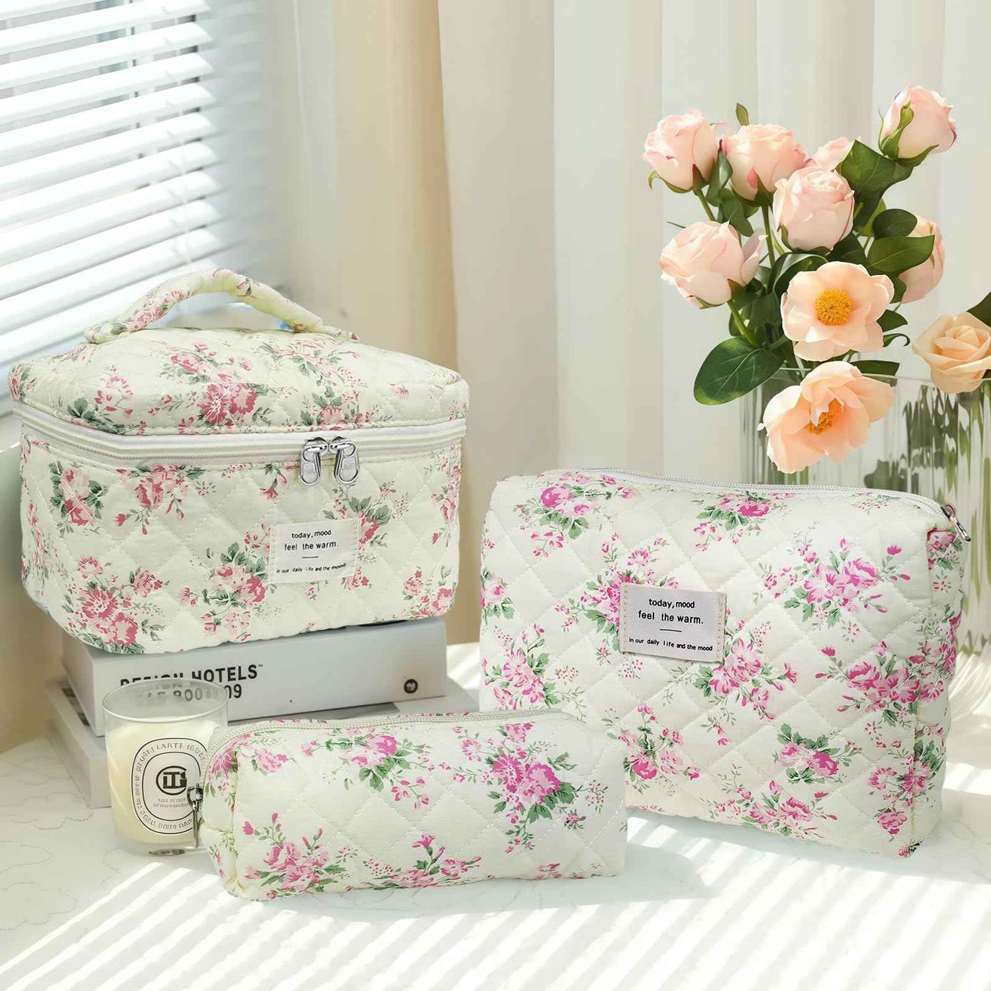 Quilted Makeup Bag, Large Capacity Travel Cosmetic Bag for Women and Girls, Aesthetic Storage, Suitable for Daily and Travel Use (3pcs-PinkRose)