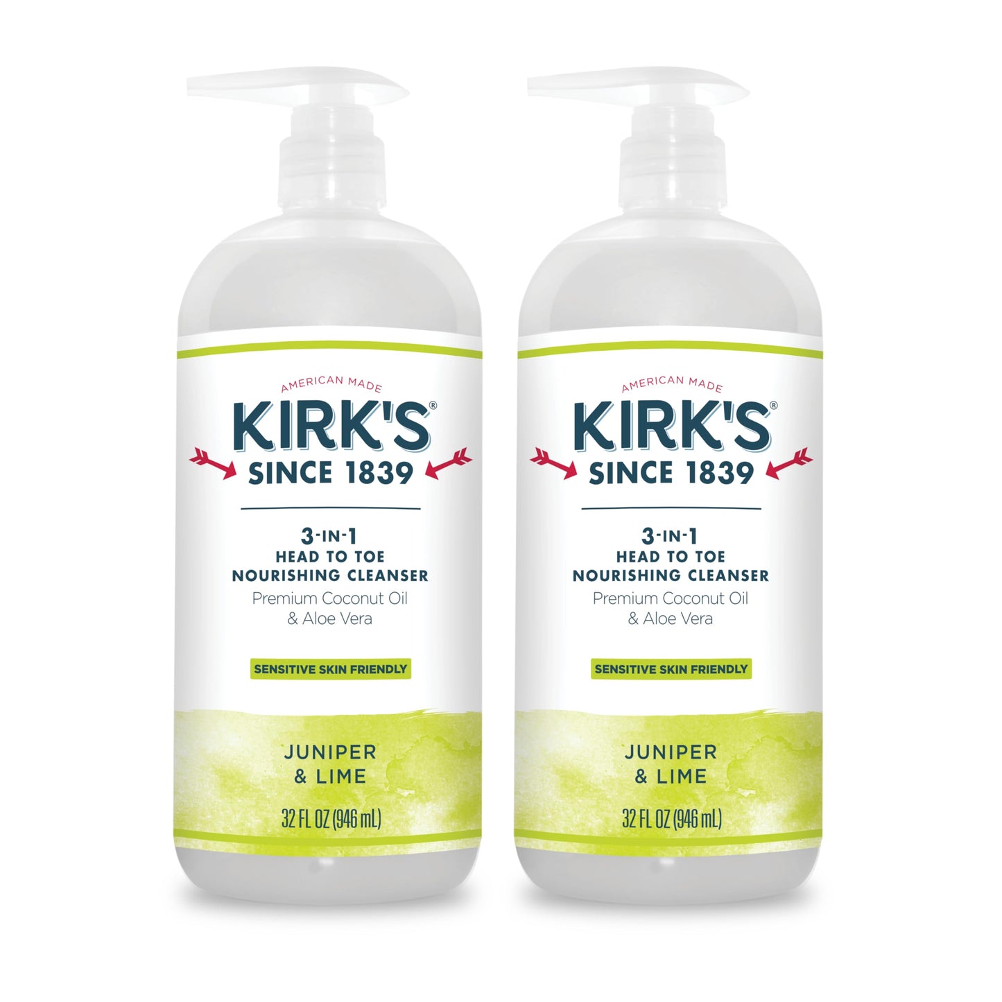 Kirk's 3-in-1 Head to Toe Nourishing Liquid Cleanser- for Men, Women & Children - Premium Coconut Oil & Aloe Vera- Non GMO & Vegan -Juniper & Lime - 32 Fl Oz 2 Pack