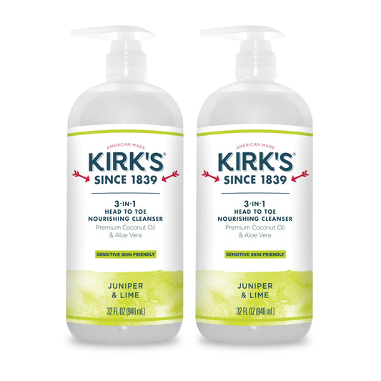 Kirk's 3-in-1 Head to Toe Nourishing Liquid Cleanser- for Men, Women & Children - Premium Coconut Oil & Aloe Vera- Non GMO & Vegan -Juniper & Lime - 32 Fl Oz 2 Pack