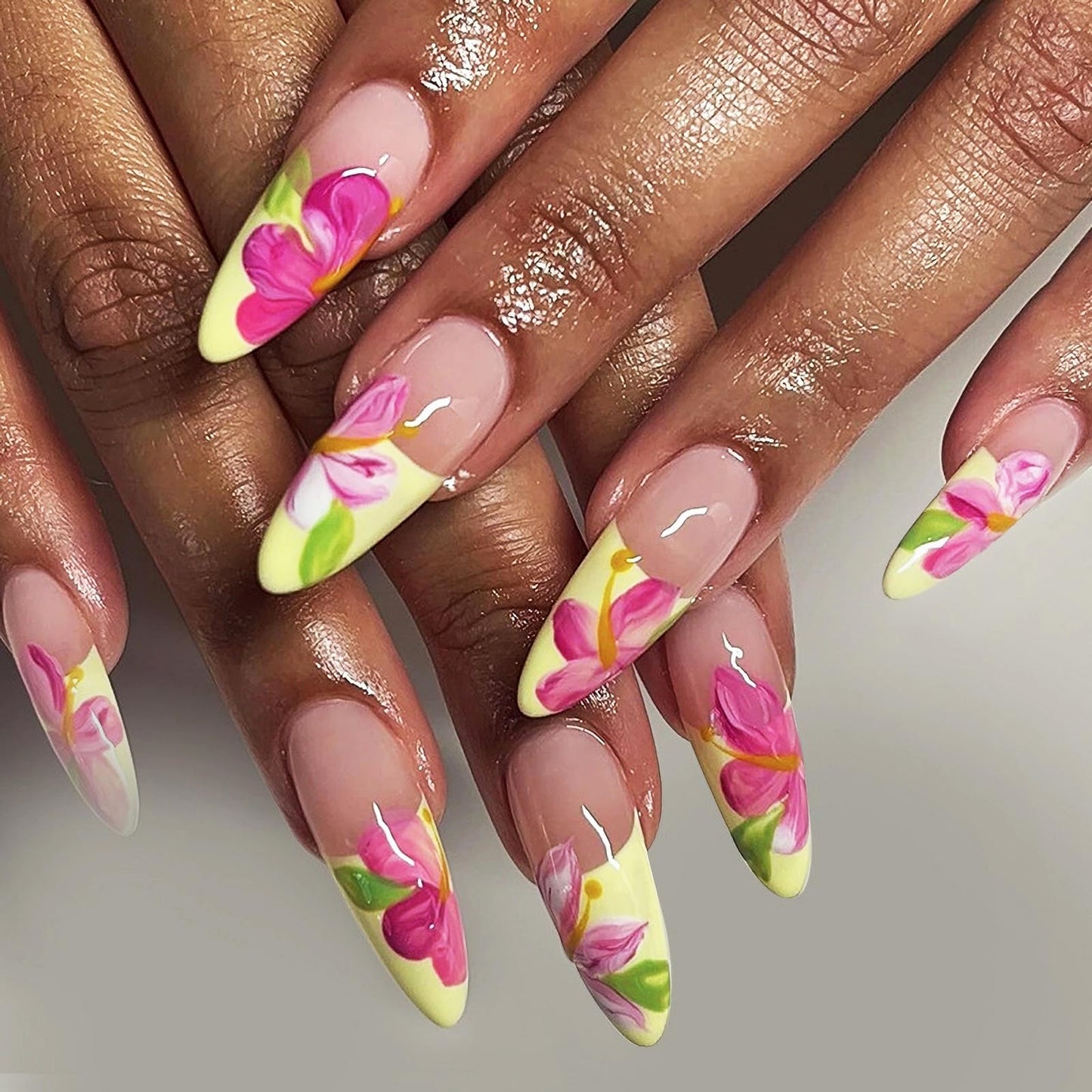 MISUD Press on Nails Medium Almond Fake Nails Glossy Glue on Nails Yellow French Tip Acrylic Nails Stiletto Artificial Nails Summer Cute Pink Flower Stick on False Nails with Design 24 pcs